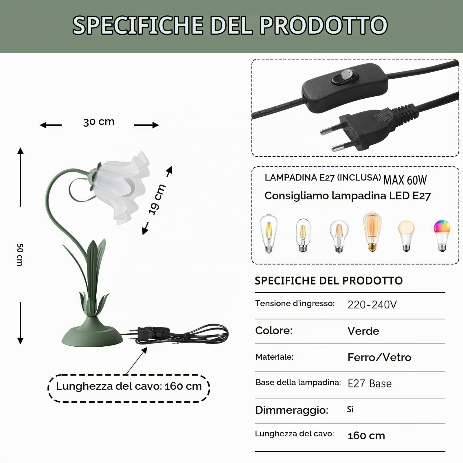 Verde Lampada Da Scrivania,Dimmerabile Lampada Da Comodino A Collo Di Cigno,Lampada Da Tavolo Mughetto Paralume In Acrilico Lampada Da Lettura Per Bambini Studio Dormitorio Camera Letto