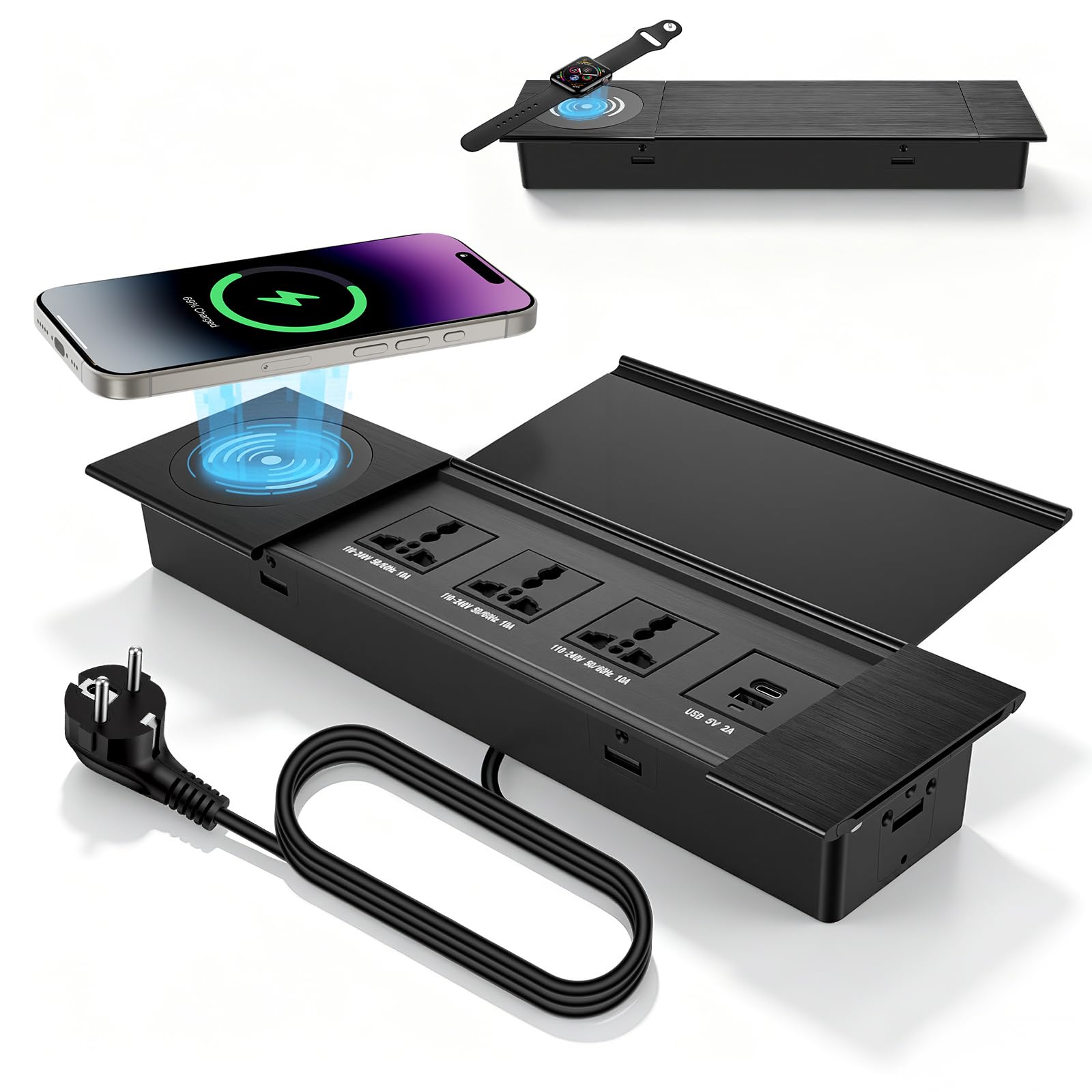 6 in 1 Einbau Steckdosenleiste mit 15W Qi & PD20W, Einbausteckdose mit USB
