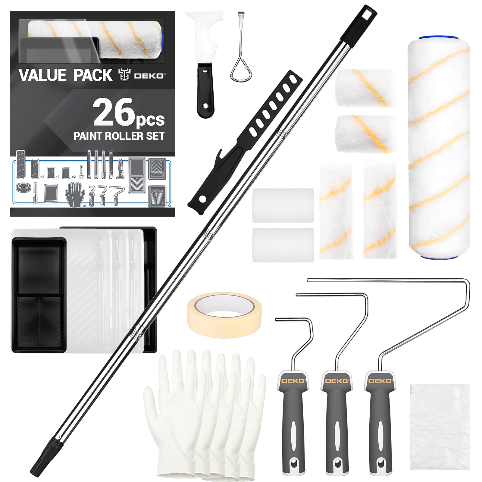 DEKO Paint Roller Set, 26-Pieces Paint Rollers and Trays Sets, Professional Roller Sets for Painting Walls, Garden Fencing, Edges and Home Painting