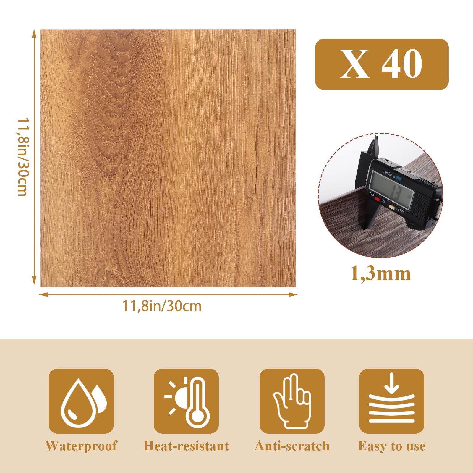 CYEER 40 Stück PVC Bodenbelag Selbstklebend 30x30cm, Vinylboden Eiche Holzoptik, Wasserfeste Bodenfliesen für Mietwohnung, Bad & Küche, DIY Boden Renovierung (3,6 m²)