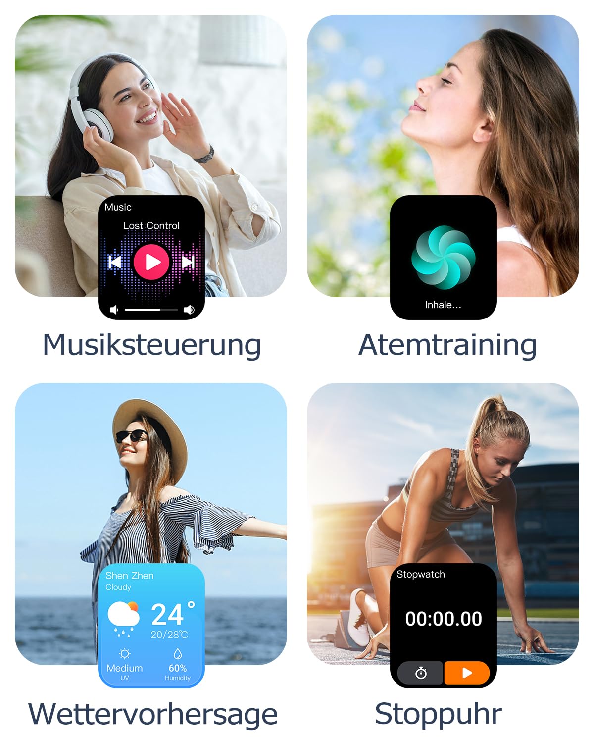 GRV Smartwatch Damen Herren 1.85" HD Fitnessuhr Telefonfunktion SpO2 Herzfrequenz Schlafmonitor Schrittzähler KI-Sprachsteuerung 100+ Sportmodi IP68 Wasserdicht iOS Android