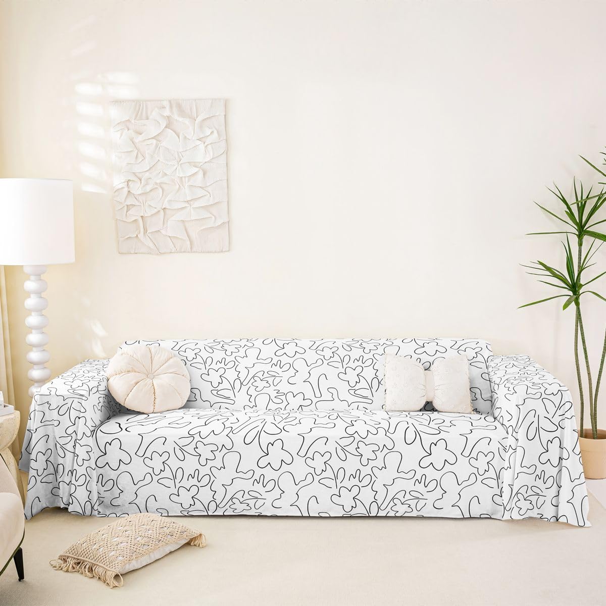 Homewish Pokrowiec na kanapę boho dla zwierząt domowych, abstrakcyjne pokrowce na kanapę w paski, na 2 poduszki, na sofę, sztuka liniowa, kwiatowe paski, narzuta na sofę, biały, czarny, narzuta na