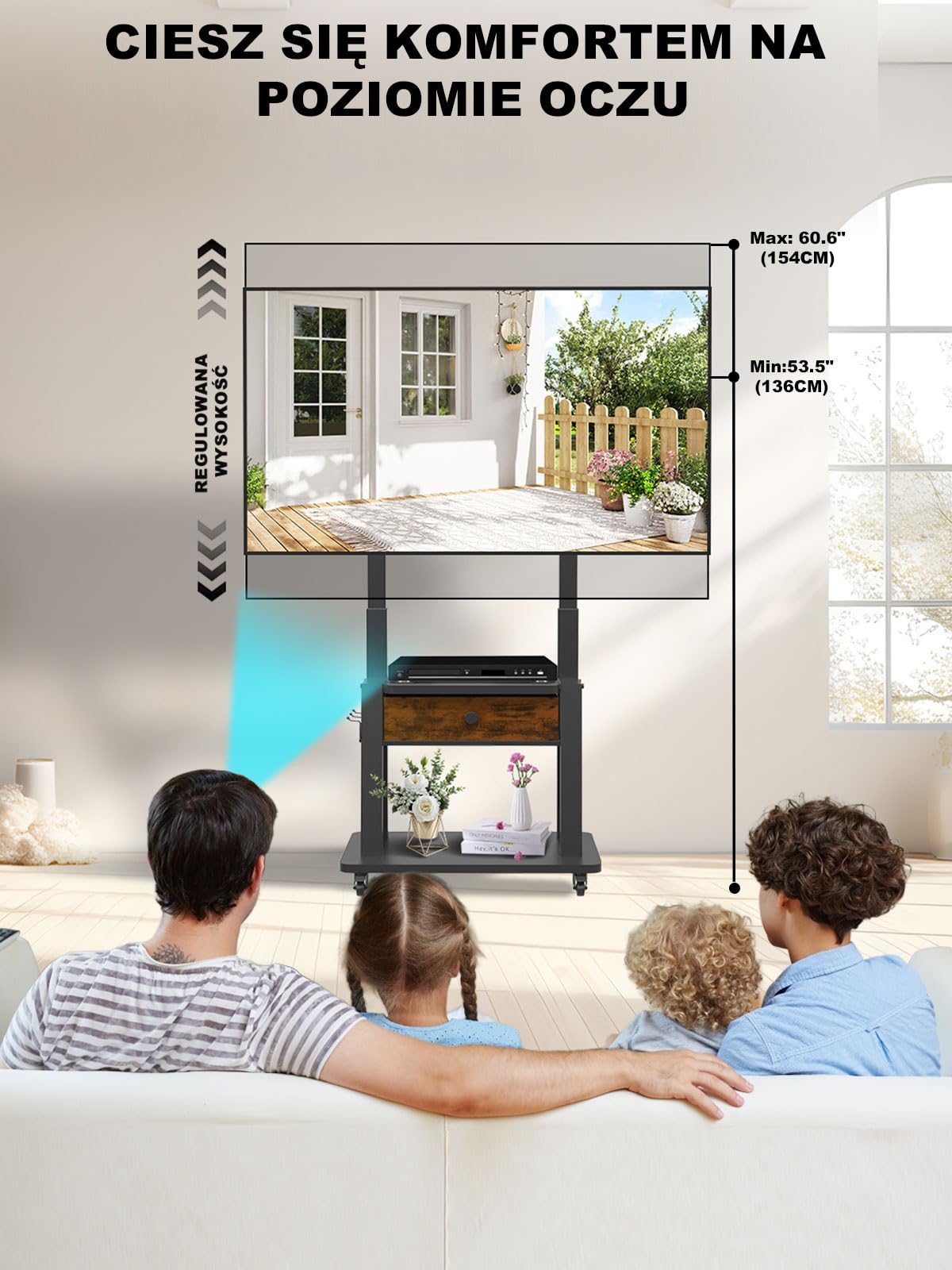 Stojak na telewizor z szufladą z tkaniny, na płaski/zakrzywiony ekran 32-75 cali do 100 kg LCD/LED/OLED, regulowana wysokość, mobilny wózek na telewizor z kółkami, do domu, biura, na zewnątrz, maks
