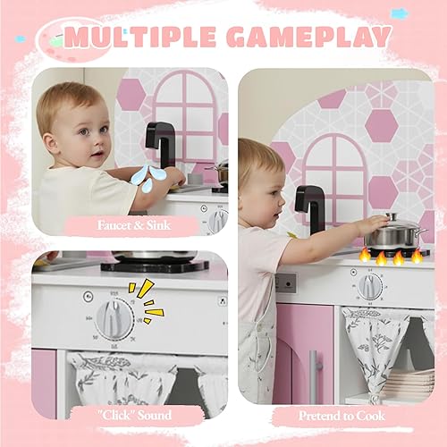 Miniatura 5 de Arlopu Juego de cocina para niños, juego interactivo de chef con gabinete con cortina, estufa con perillas de clic, grifo y fregadero, accesorios de