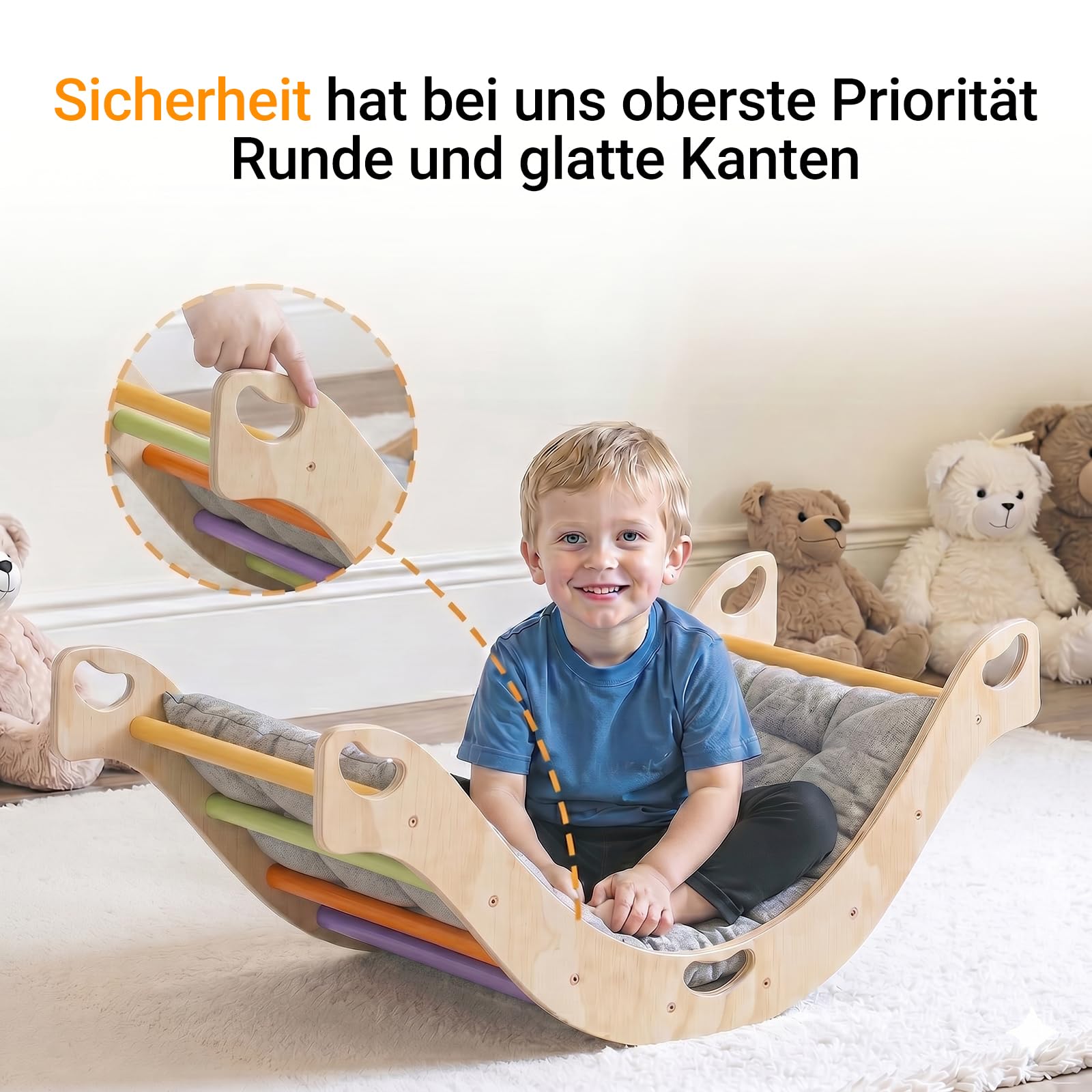 COSYLAND Montessori Kletterbogen aus Holz mit Kissen, Baby Kletterbogen ab 1 Jahr, Holzwippe Indoor zum Wippen, Klettern und Krabbeln, Bogenwippe Regenbogen