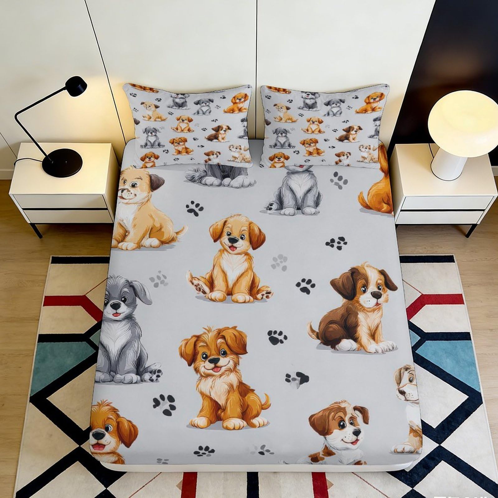 Pnayamiorkfel Style-10 3D Printed Cartoon Puppy Fitted Sheet Microfiber Soft Anti-Slip Bedroom Decor Bed Cover For Home Guest Room 90X200x25cm