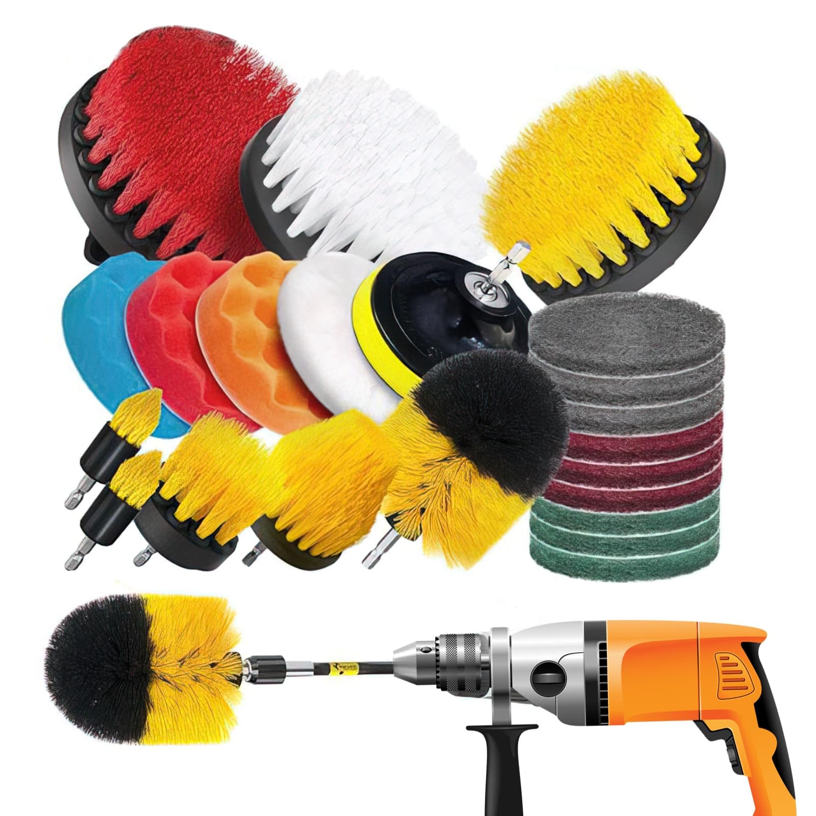 Dyuee Multi-Color Drill Brush Attachments Set 23 Pack Scrubber Kit Include Scrub Pads, Sponge, Extend Attachment, Drill Cleaning Attachment Set For Bathroom, For Grout, Bathroom Surface