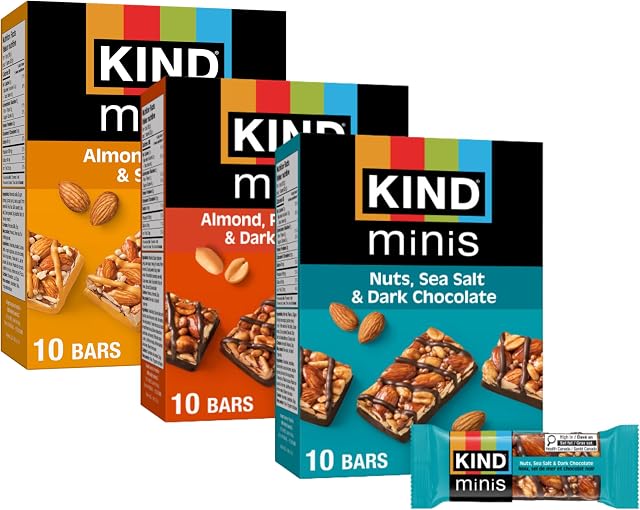 KIND Mini Snack Bars Variety Pack, Gluten Free, Low Sugar, Low Calorie Snacks, Almond Sea Salt & Dark Chocolate, Caramel Almond & Sea Salt, Peanut Butter Dark Chocolate, 30 Count