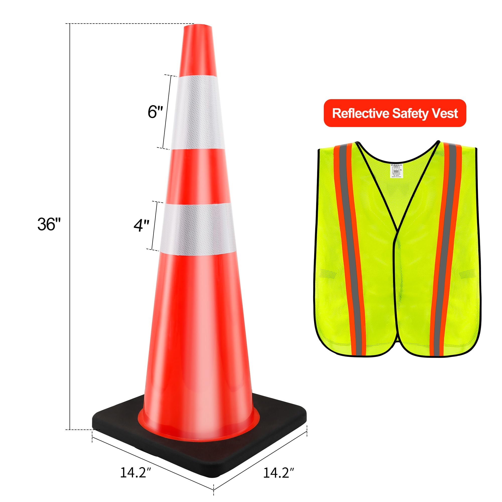 RELIANCER - 6 coni stradali in PVC da 91,4 cm, coni di parcheggio stradali con base pesante nera con collari riflettenti da 15,2 e 10,2 cm, coni di costruzione di coni di pericolo