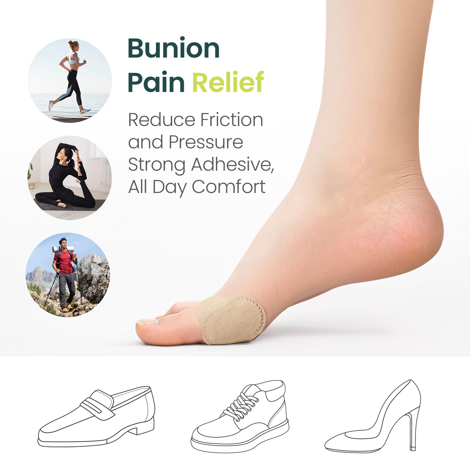 Bukihome Almohadillas para juanetes para llevar con zapatos, 24 piezas de moleskin para pies, resistentes al agua, cojines para alivio del dolor de juanetes para comodidad y protección durante todo el
