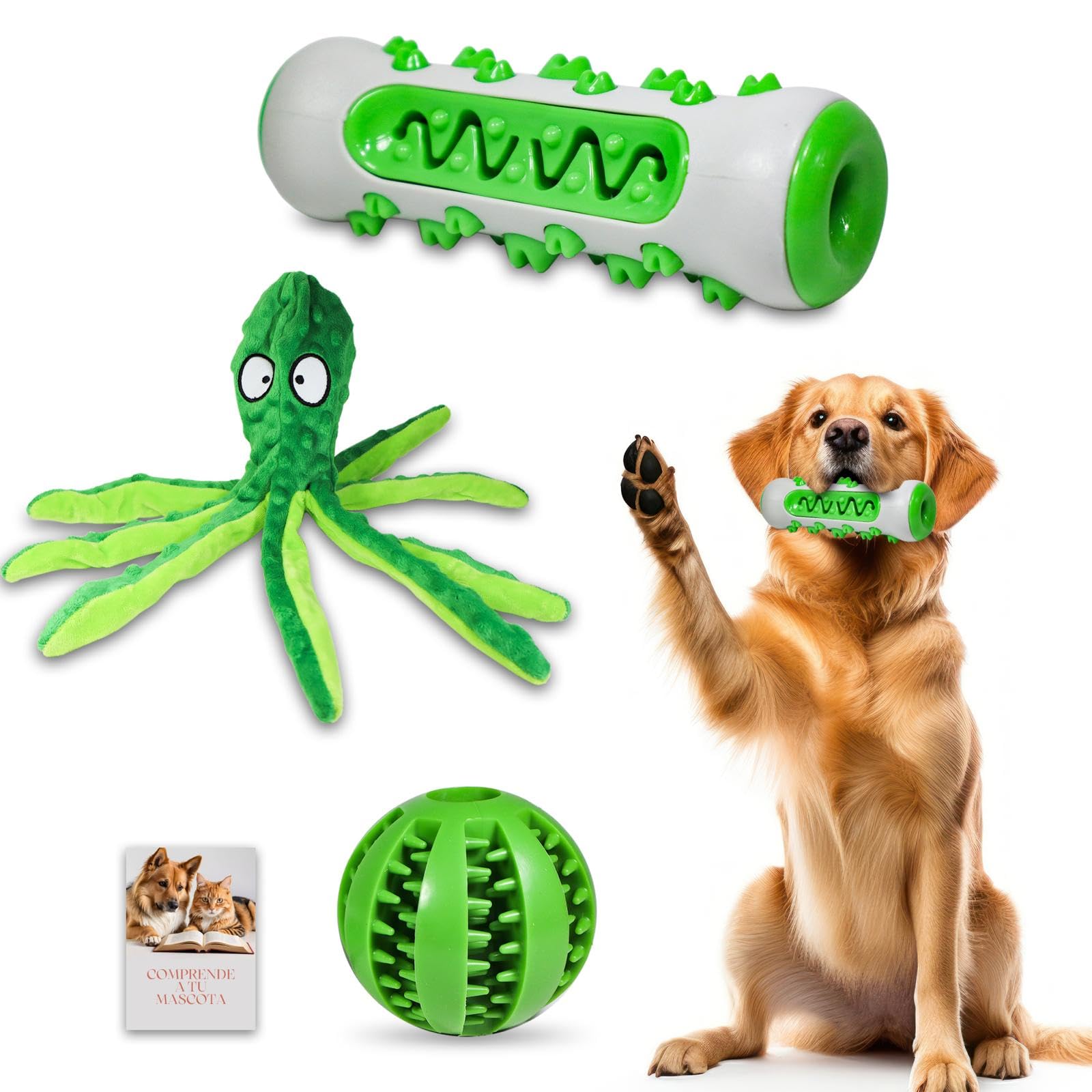 micosita Juguetes para Perros Interactivos 3 Piezas Peluche Suave Hueso Mordedor Limpiador de Dientes y Bola Dispensadora de Comida, Duraderos para Cachorros y Perros Adultos, Incluye eBook (Verde)