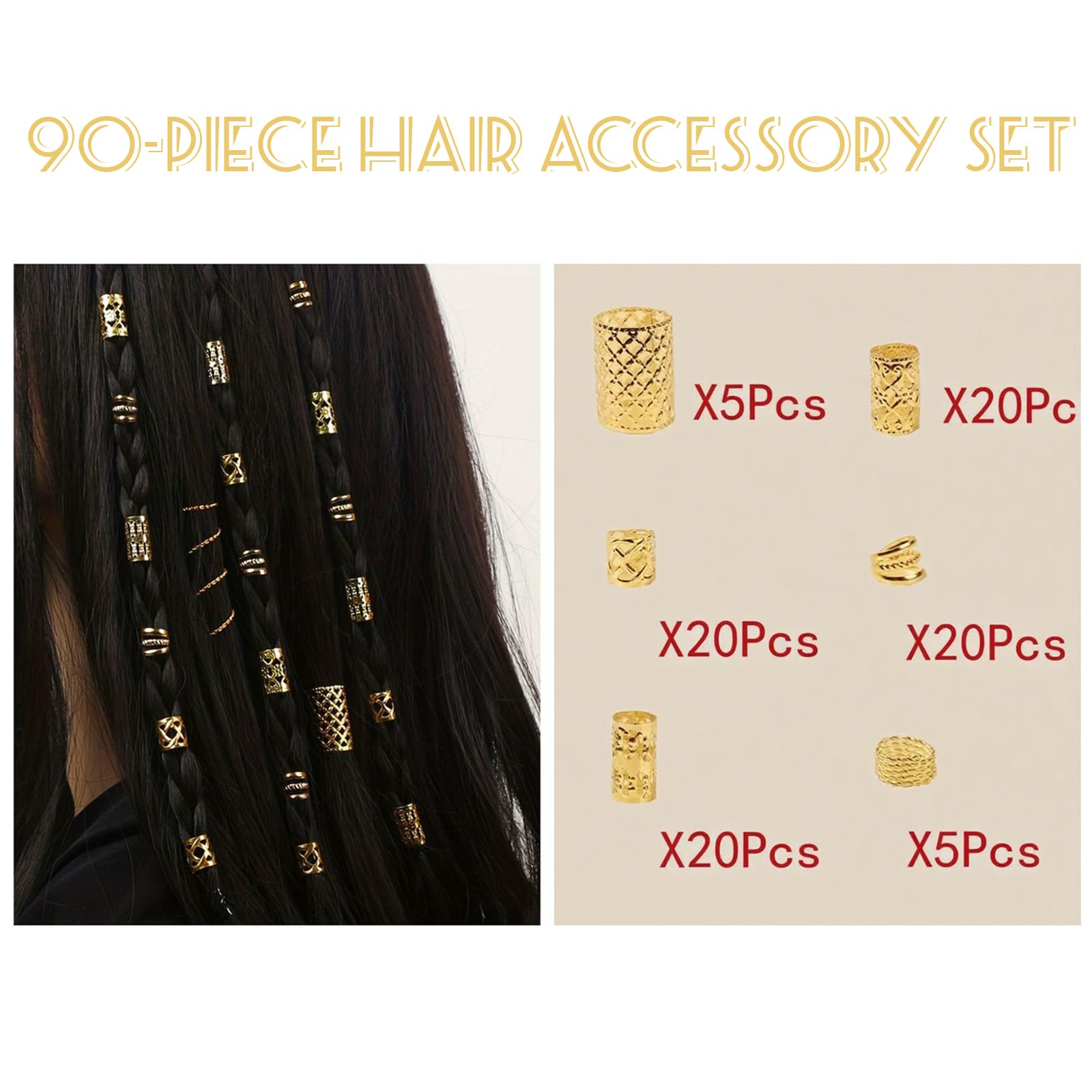Lot de 90 bijoux de cheveux pour tresses et dreadlocks avec anneaux, manchettes, pinces à breloques, perles – Décorations de cheveux élégantes pour femmes, accessoires pour festivals, fêtes, mariages