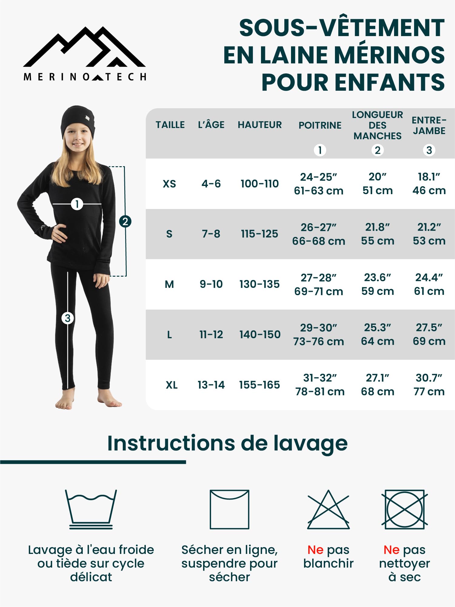 Merino.Tech sous Vetement Merinos Enfant - Moyen Ensemble Thermique Enfant Laine Merinos Pull, ​​Pantalon et Bonnet