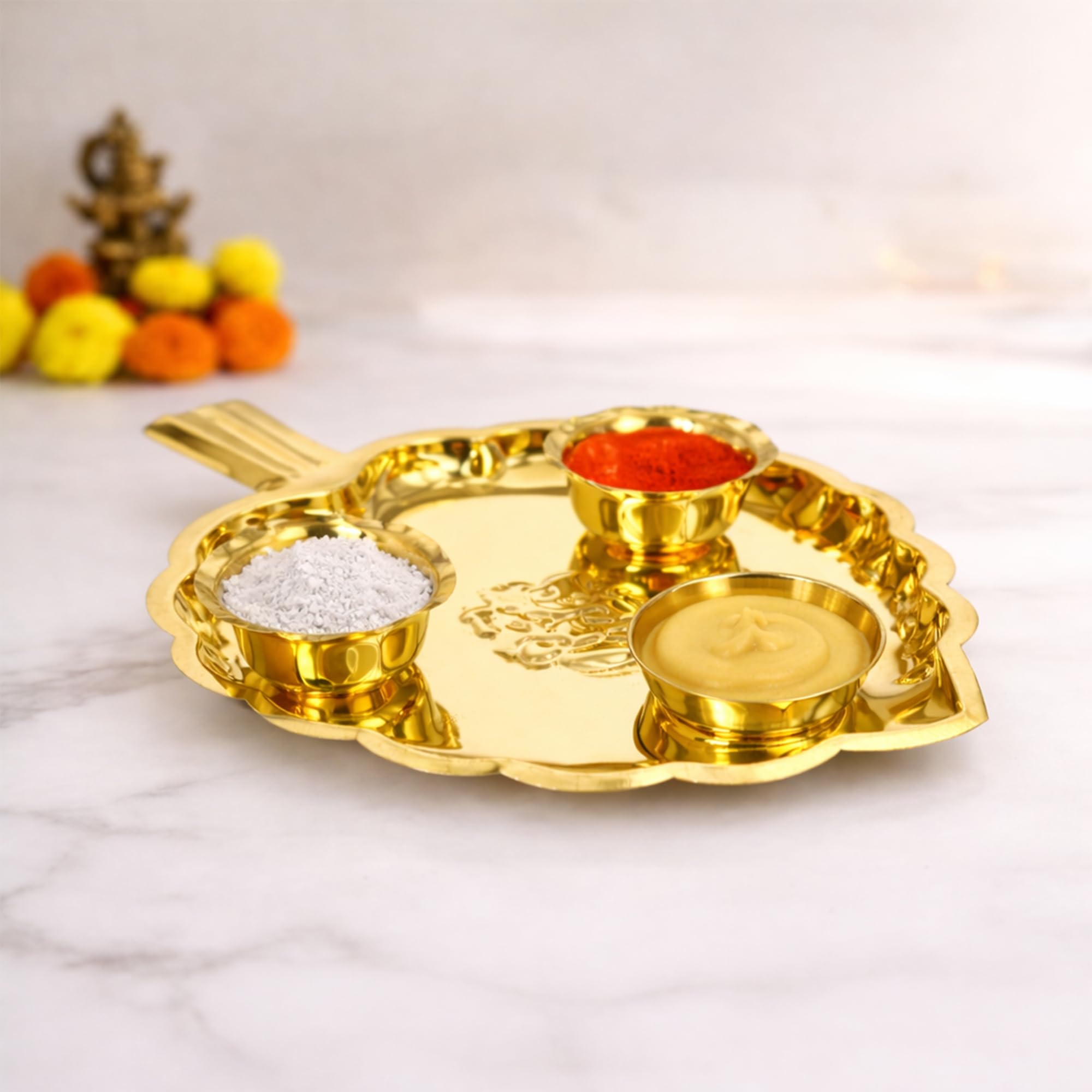 Spillbox Traditional Handcrafted Brass Thali Haldi Kumkum Chandan Holder Stand Plate with Lid | 3 Bowl Big Leaf Design for Pooja Puja Worship 3 Bowl -Big Leaf