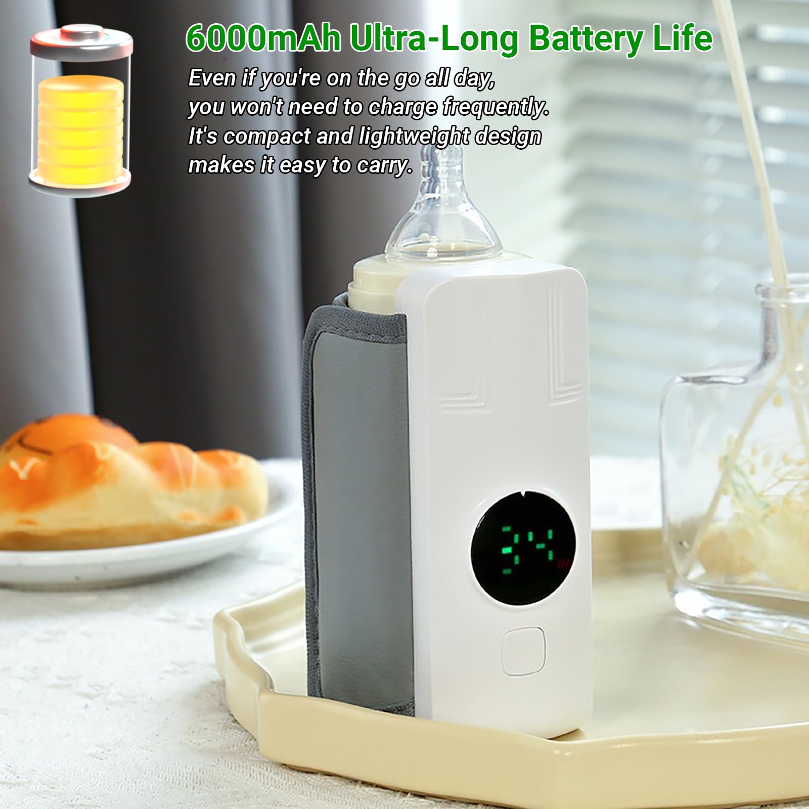 Scaldabiberon Baby – Scaldacollo portatile per biberon, batteria da 6000 mAh, 6 livelli di temperatura, display LCD, riscaldamento rapido senz'acqua per latte materno e pre-alimenti