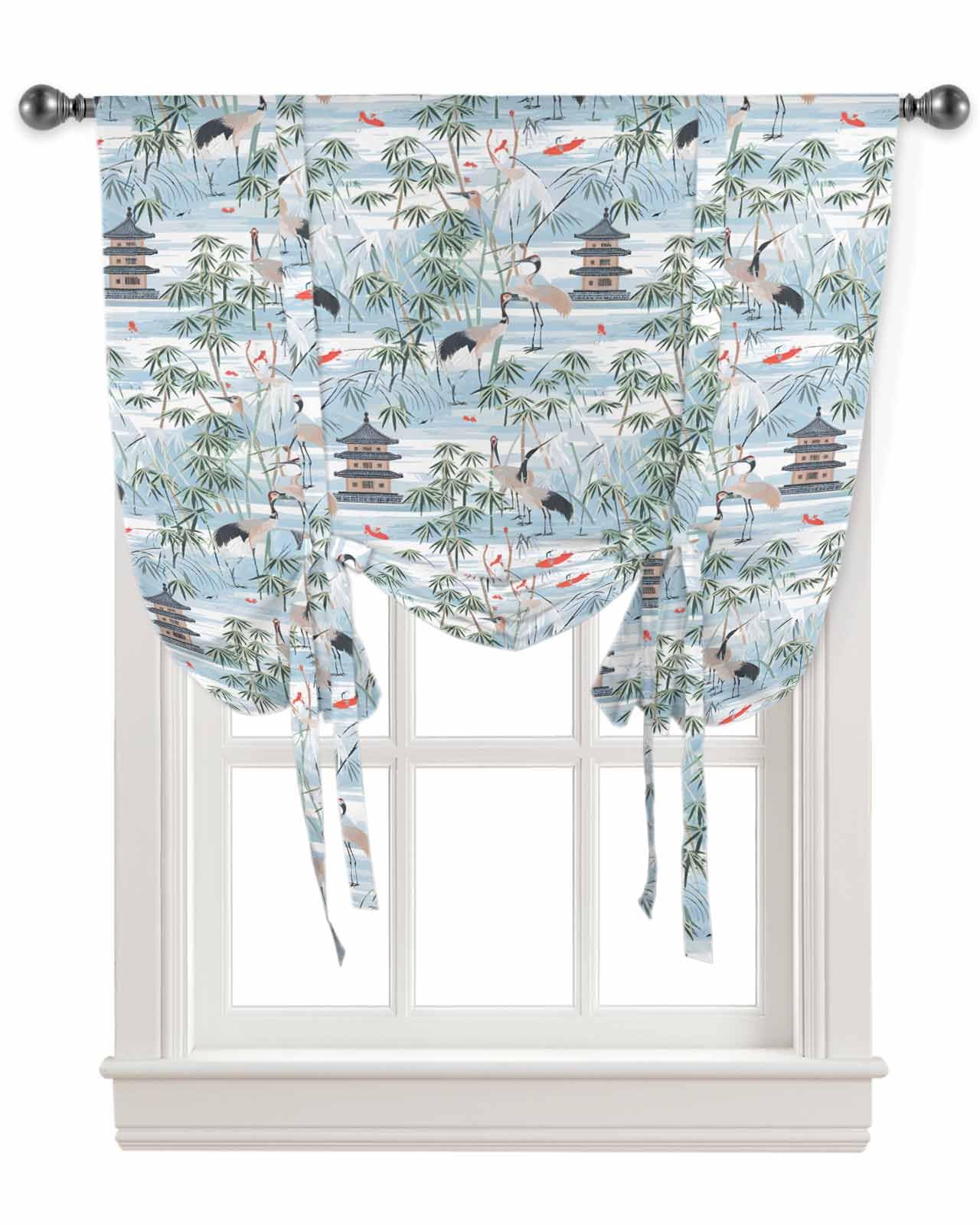 Tie Up Curtains for Kitchen Windows,Watercolor Chinese Style Plant Animal Adjustable Balloon Shade Curtain Panel Rod Pocket Drapes for Small Window Decor 34