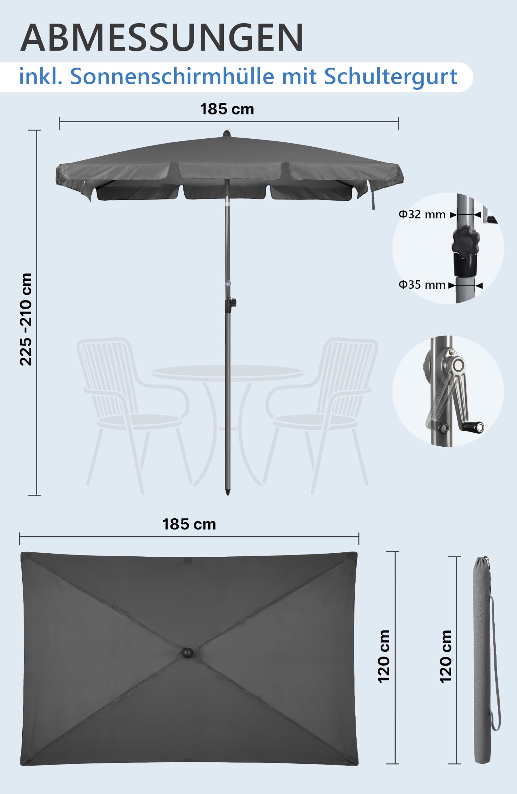 Menz Balkonschirm mit Kurbel, Sonnenschirm rechteckig 200x125 cm, Sonnenschirm Balkon, UV 50+ Sonnenschutz Balkon mit Schutzhülle mit Kurbel, knickbar und höhenverstellbar, Anthrazit