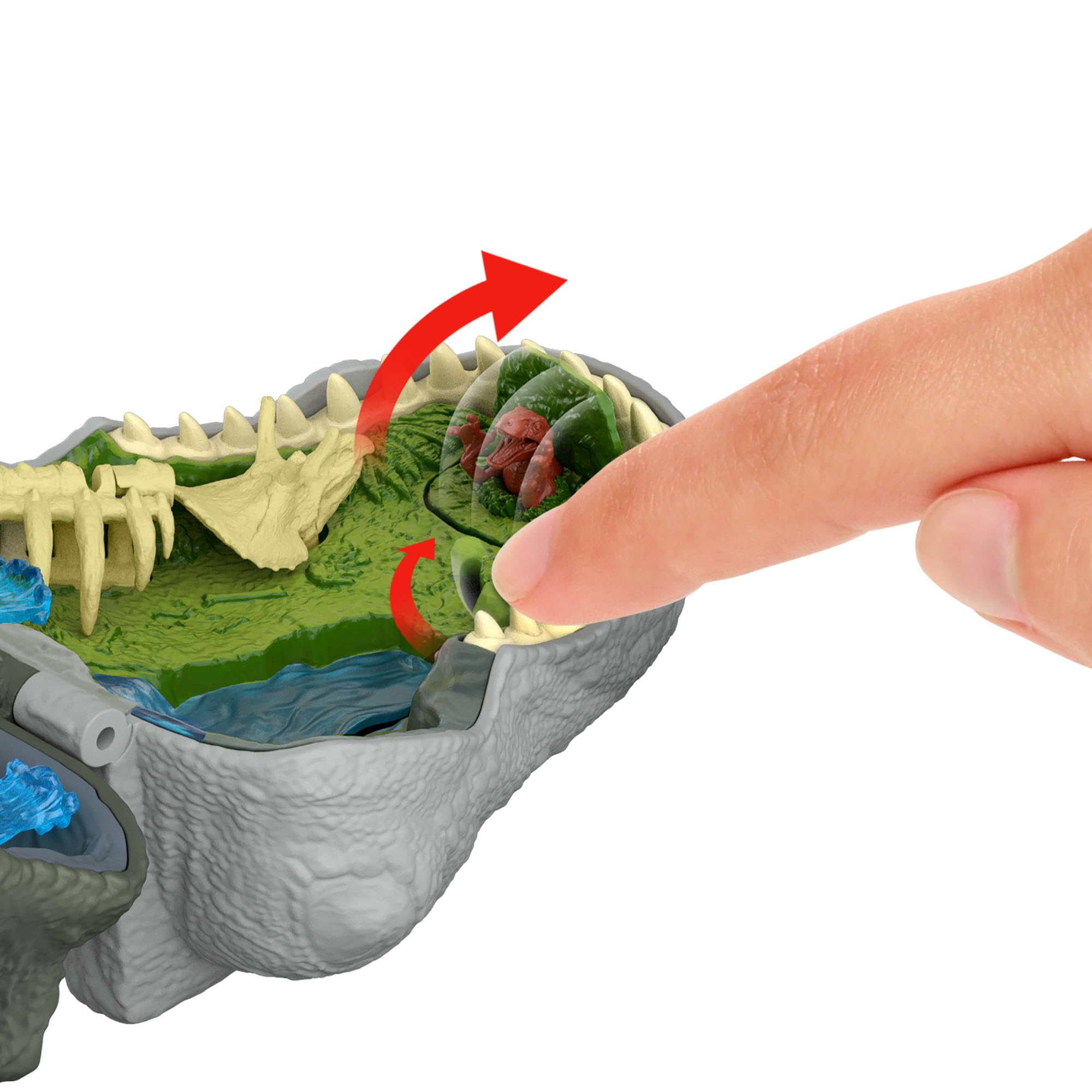 ​Mattel Jurassic World La Rinascita Micro Avventure, playset con testa di T-Rex che si apre con 4 funzionalità interattive, 3 micro personaggi, T-Rex giocattolo, JGB97