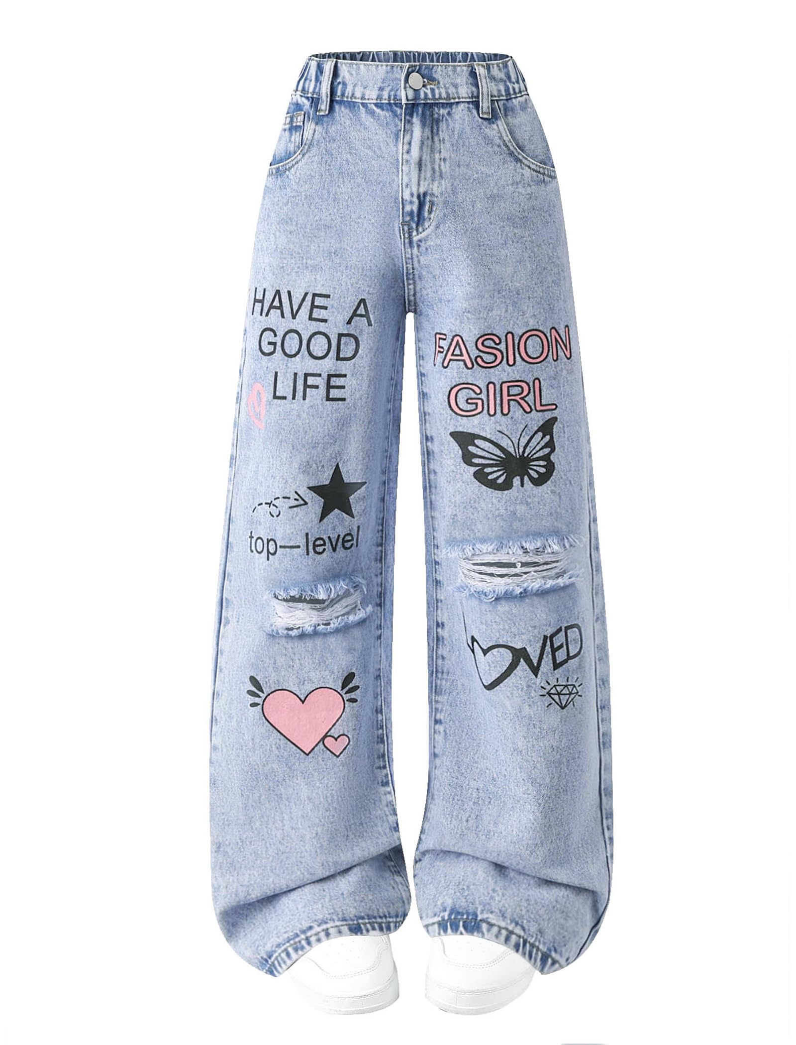 oyyniis Baggy Jeans for Girls Wide Leg Ripped High Elastic Waisted Denim Pants Cute Summer Trousers Y2K Streetwear 7-14Y