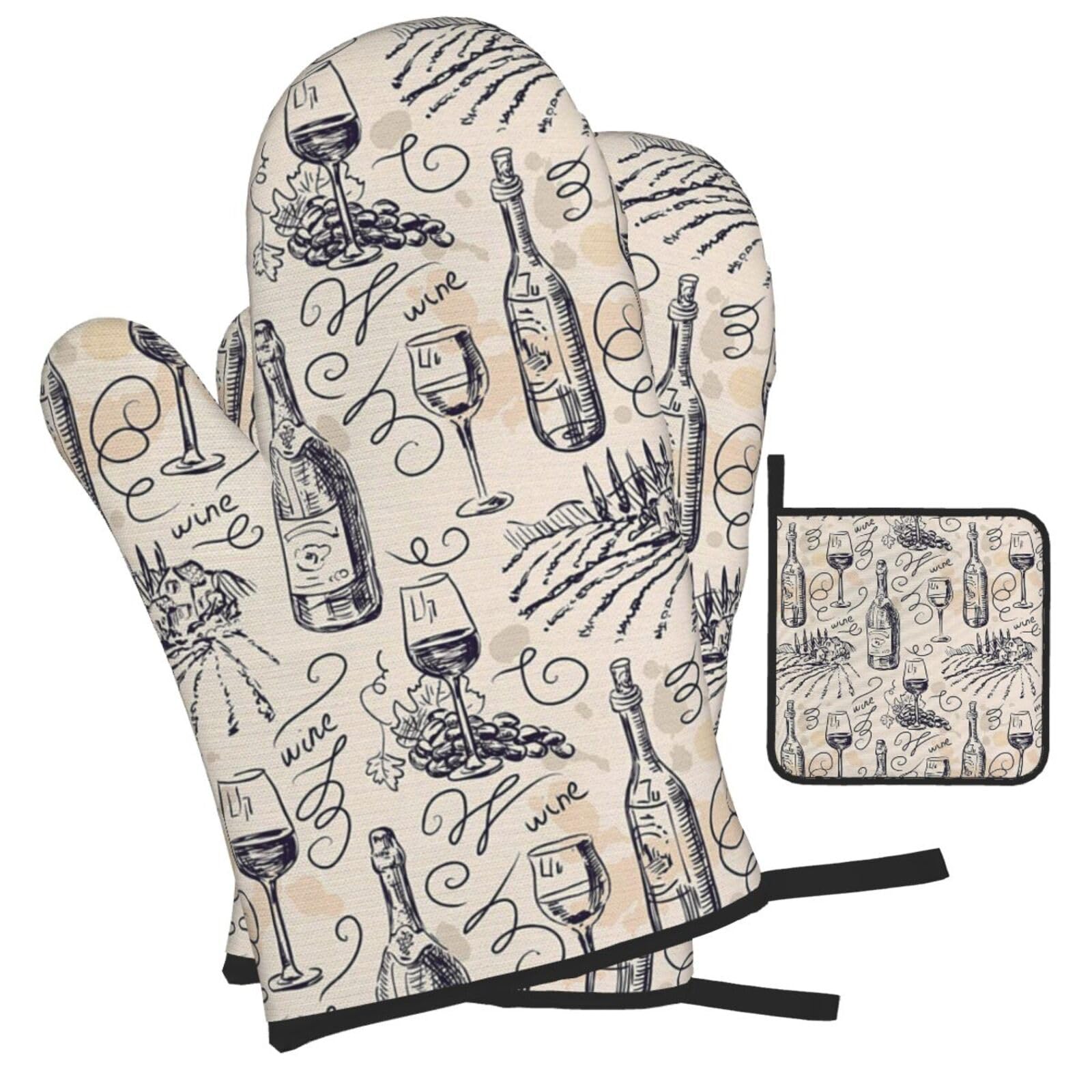 Wine and Winemaking Winery Grape Field Printed Oven Mitts and Pot Holders Heat Resistant Set of 3 Pcs, Modern Kitchen Gloves & Potholders for Cooking Baking Grilling