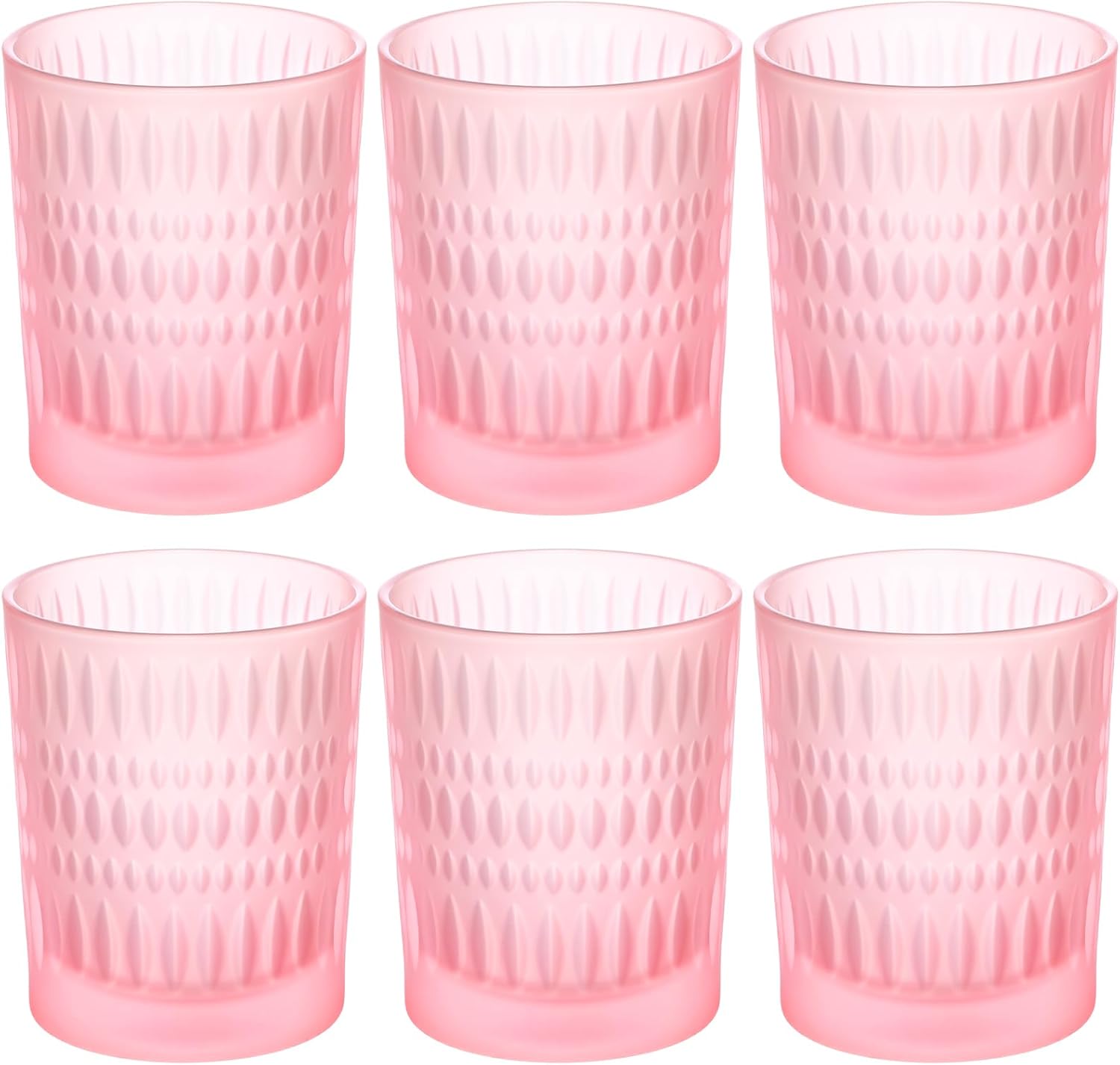 Honeydak 6 Pack Pink Colored Drinking Cups Glasses 10 oz Ribbed Glass Cups Vintage Glassware for Cocktail, Whiskey, Beer, Water, Juice