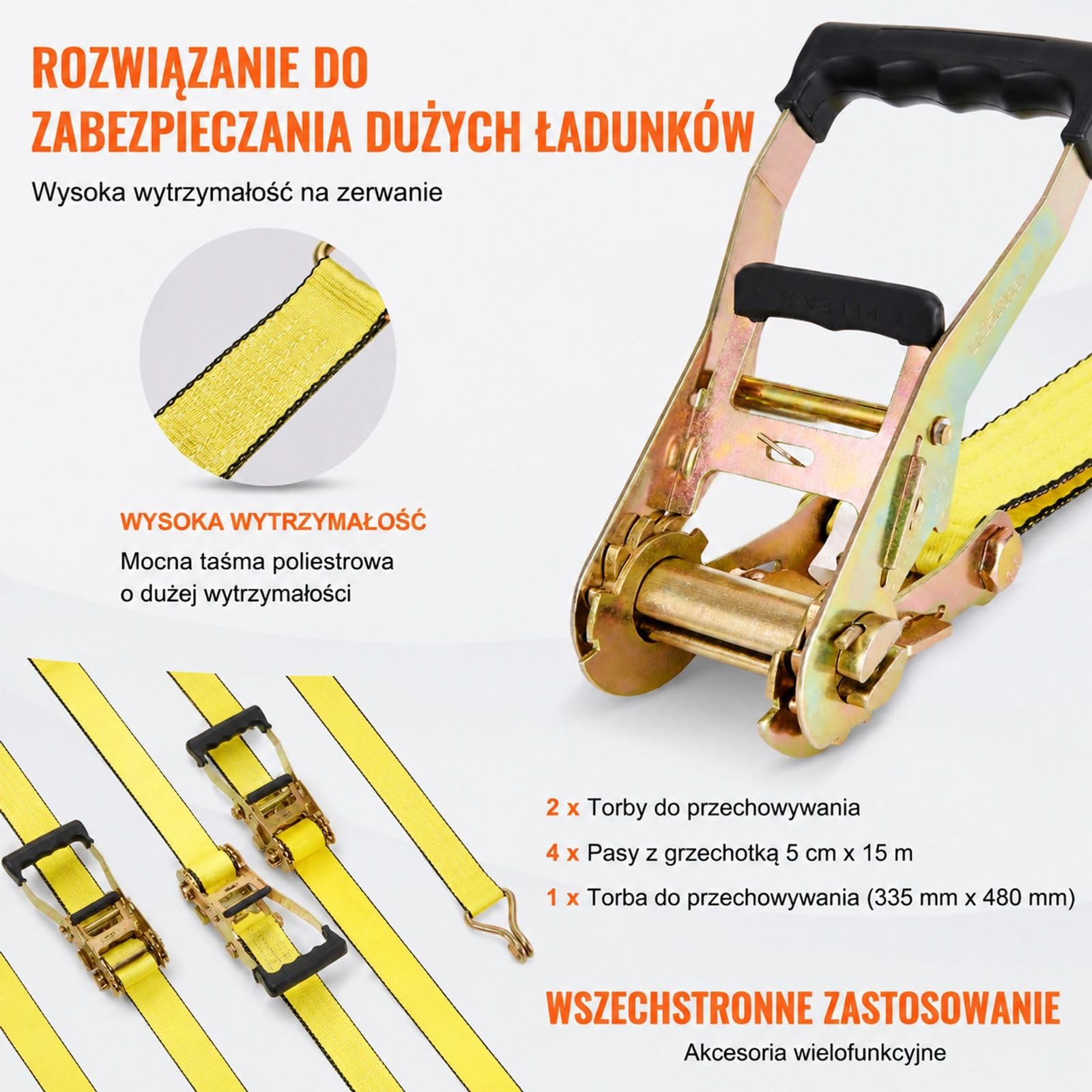 Zestaw 4 pasów mocujących z grzechotką, taśma poliestrowa i podwójne haki J ze stali węglowej, do motocykla roweru kajaka łodzi ATV UTV