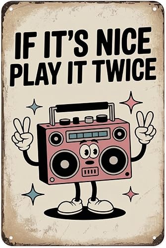 Cartel de hojalata retro con diseño de Boombox y reproductor de cassette para amantes de la música, estilo vintage de los años 80 y 90, letrero de