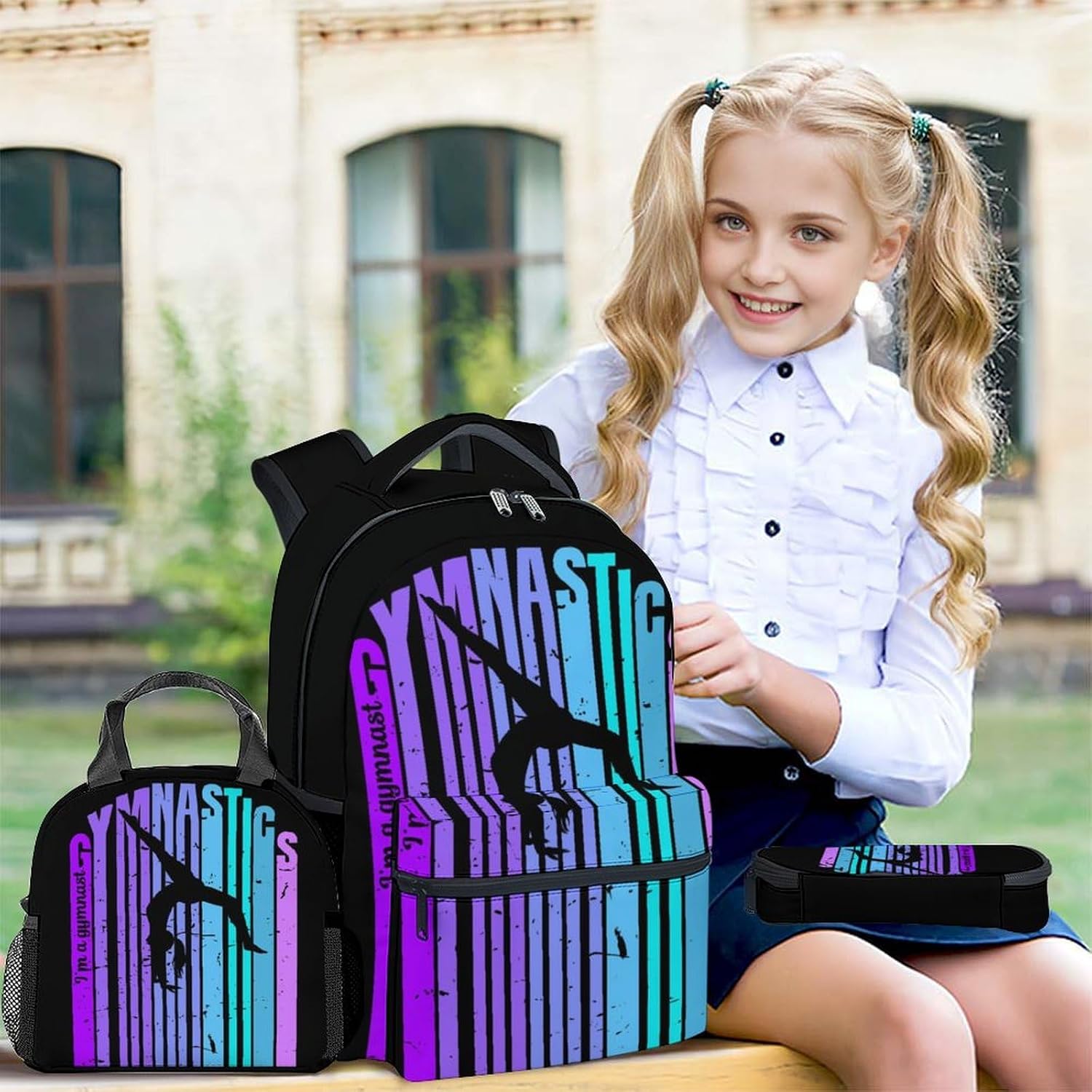 Kids Backpack with Lunch Box, Set of 3 Gymnastic School Backpacks Matching Combo for Girls, Aesthetic Black Bookbag and Pencil Case Bundle