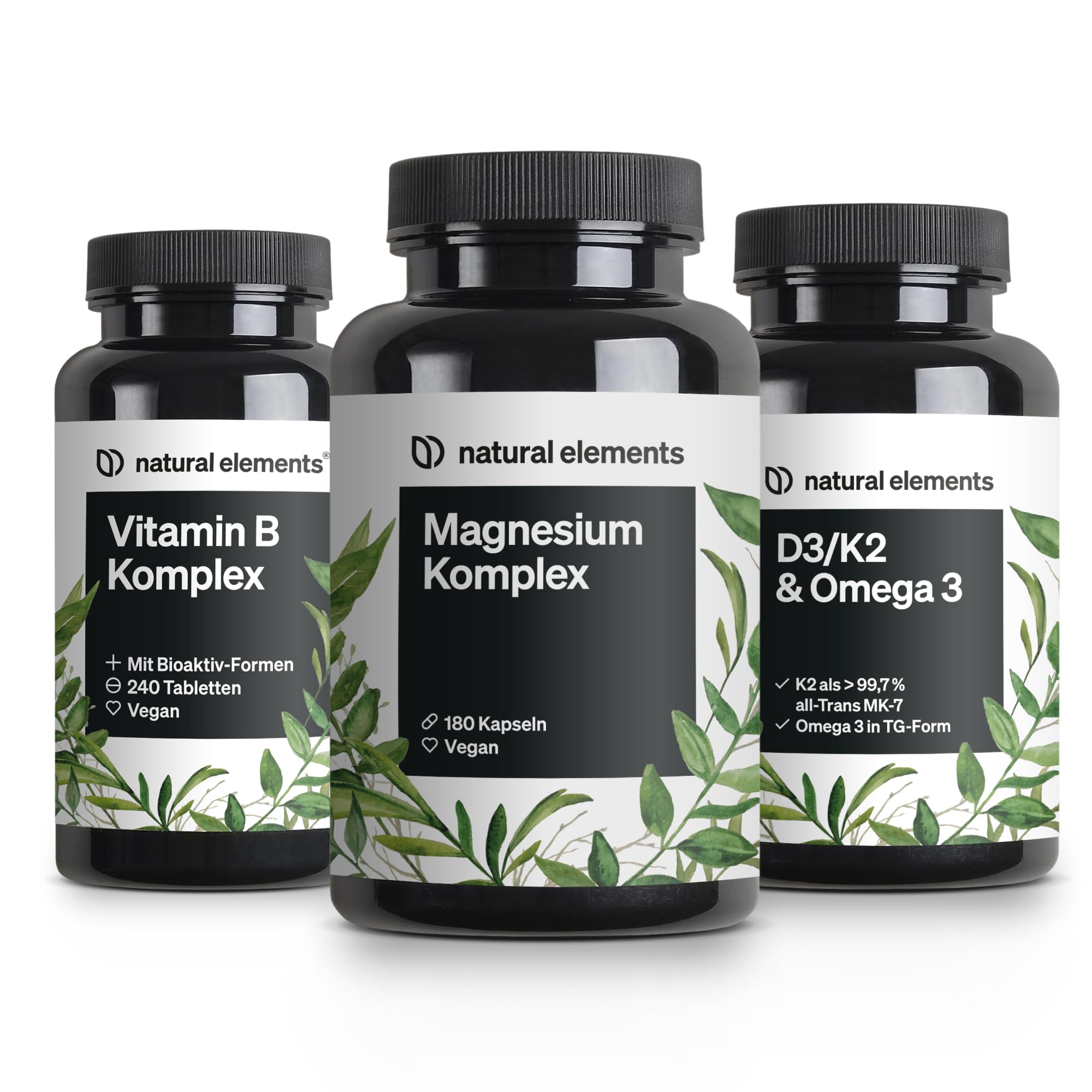 natural elements Essentials Set - Magnesium Komplex, Vitamin B Komplex, D3 K2 & Omega 3 Kapseln - hochdosiert, ohne unnötige Zusätze - für deinen Alltag
