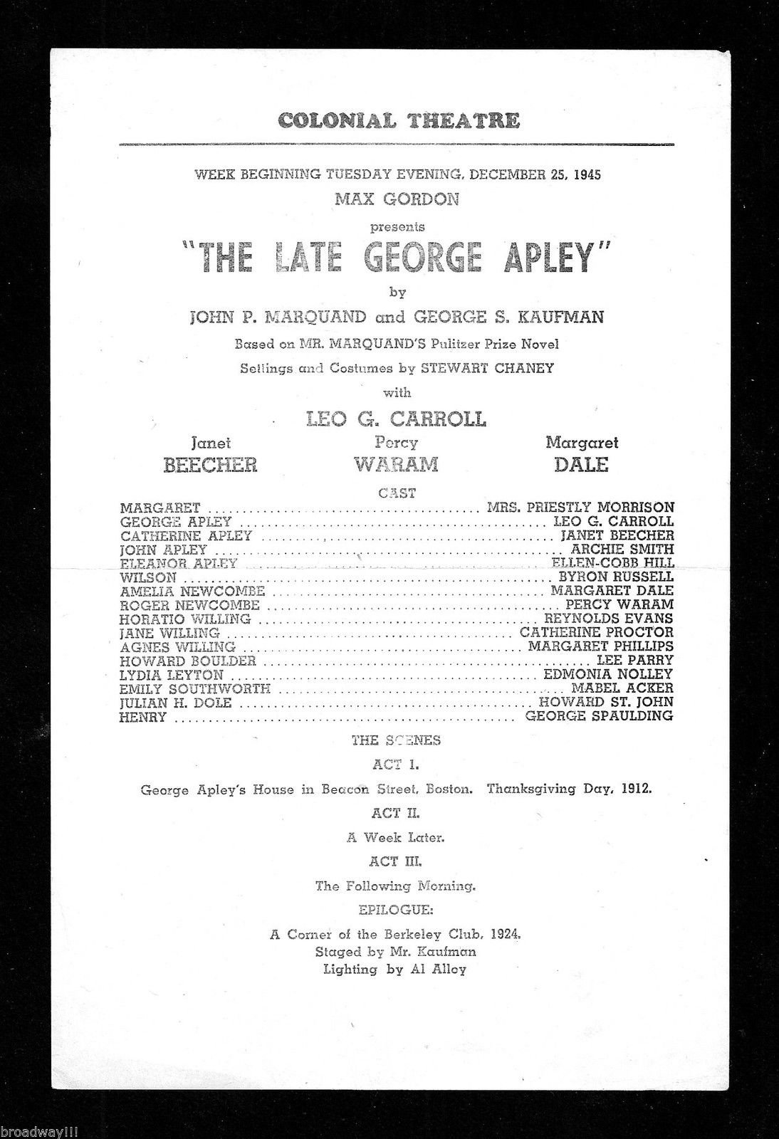 George S. Kaufman "LATE GEORGE APLEY" Leo G. Carroll 1945 Boston Broadside