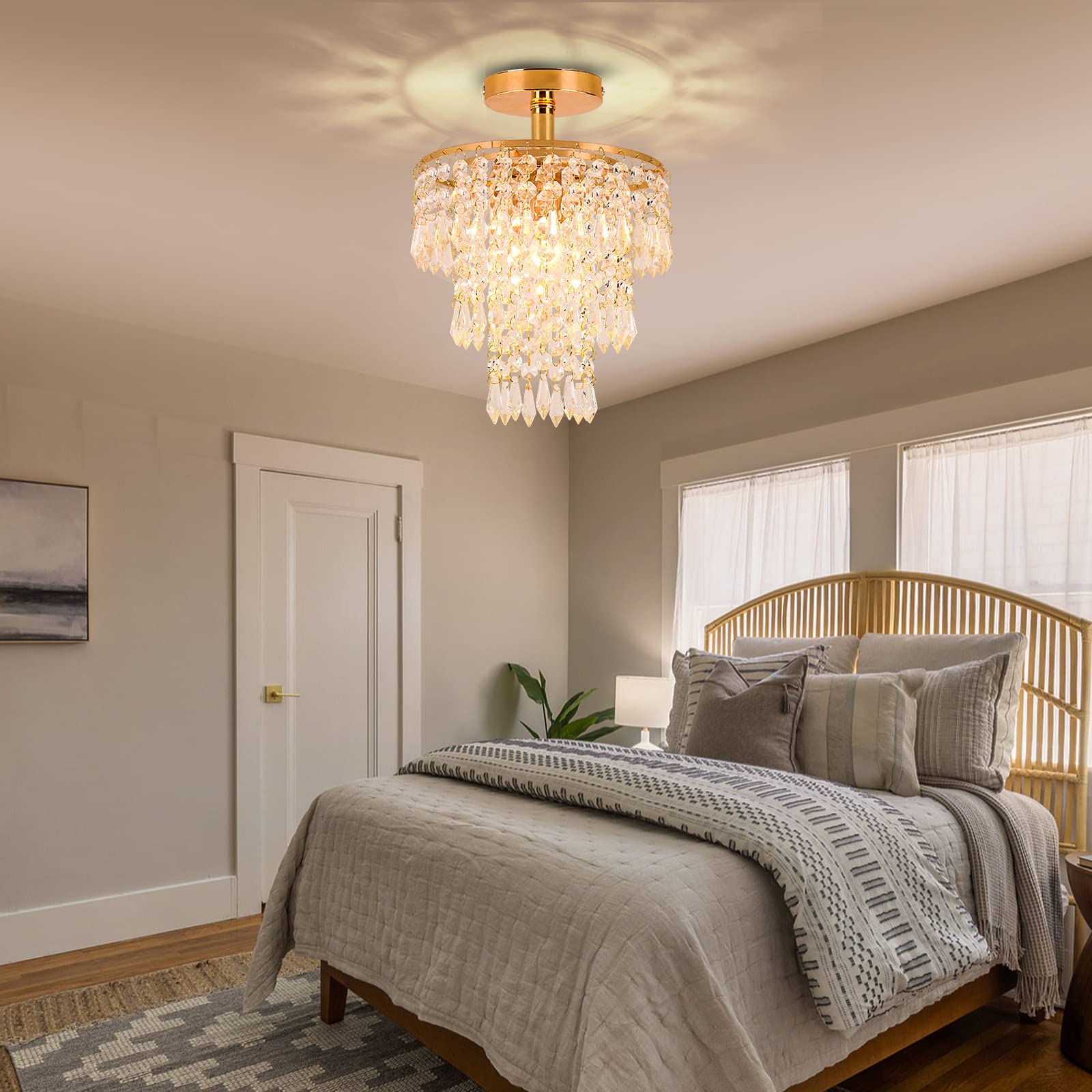 FRIXCHUR Mini Dimensioni Lampadario Di Cristallo Moderno Incasso Lampada Da Soffitto A 3 Livelli Gocce Di Pioggia Pendente Di Cristallo Decorazione Per Camera Da Letto Corridoio Soggiorno…