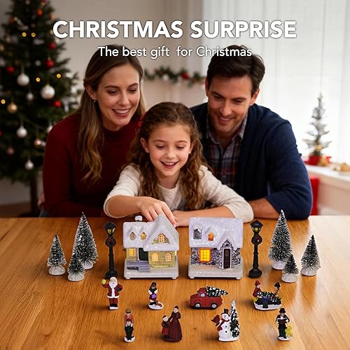 Miniatura 5 de Juegos de pueblo navideño  18 piezas de resina pintadas a mano, casas de aldea de Navidad con luces LED, decoraciones de Navidad para repisas,