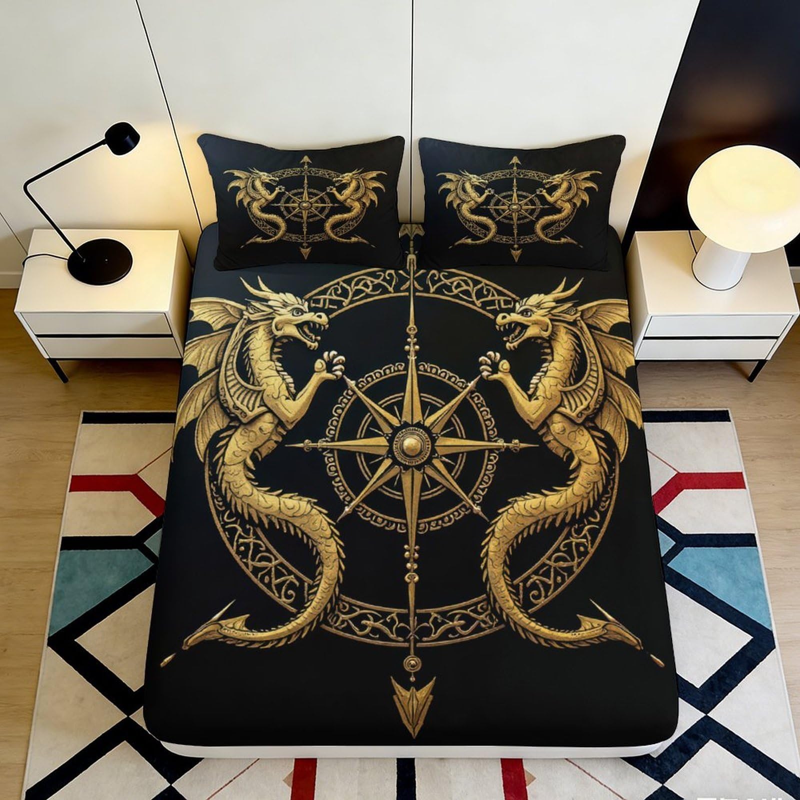 Jqzkxnhpbr Style-6 3D Printed Gold Dragon Compass Fitted Sheet Microfiber Black Bed Cover Non-Slip Easy Care For Bedroom Dorm Decor 90X200x25cm