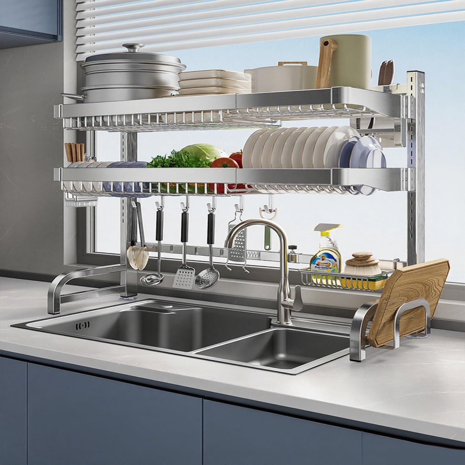 Scolapiatti a doppio strato con supporto espandibile per taglieri da cucina nizerSilverDesign salvaspazio per un'asciugatura e una conservazione efficienti.