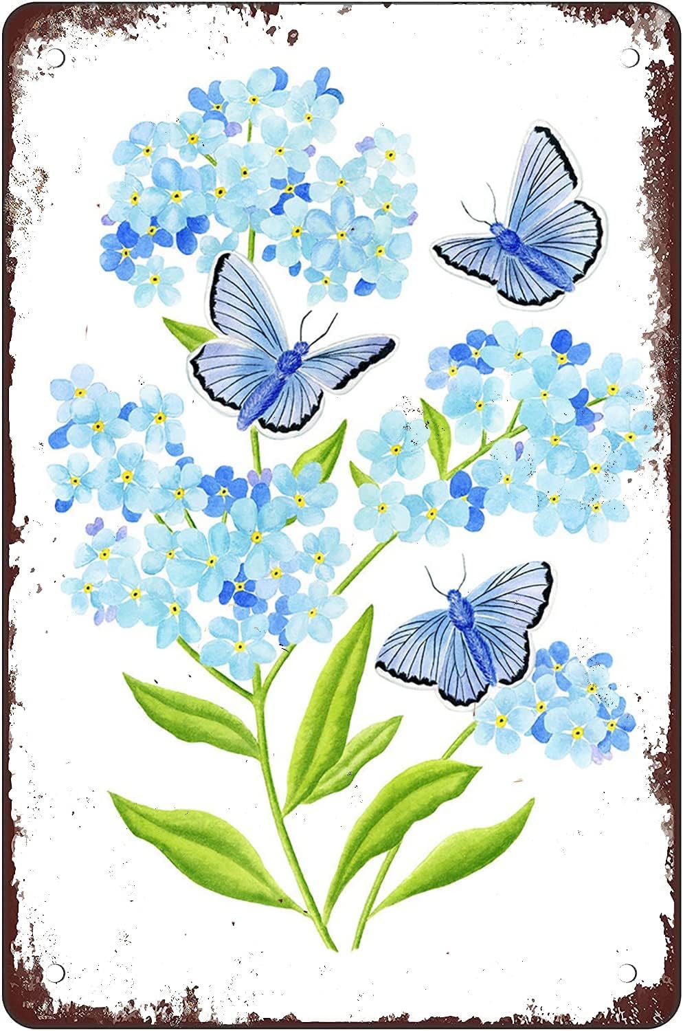 Kisoyo Blue Forget Me Not And Butterflies Tin Sign Vintage Cave Bar Home Wall Decor For Garden Kitchen Garage Bathroom Decor Coffee Bar Home Decor Butterfly Retro Poster Plaque Tin Signs 12X16 Inch