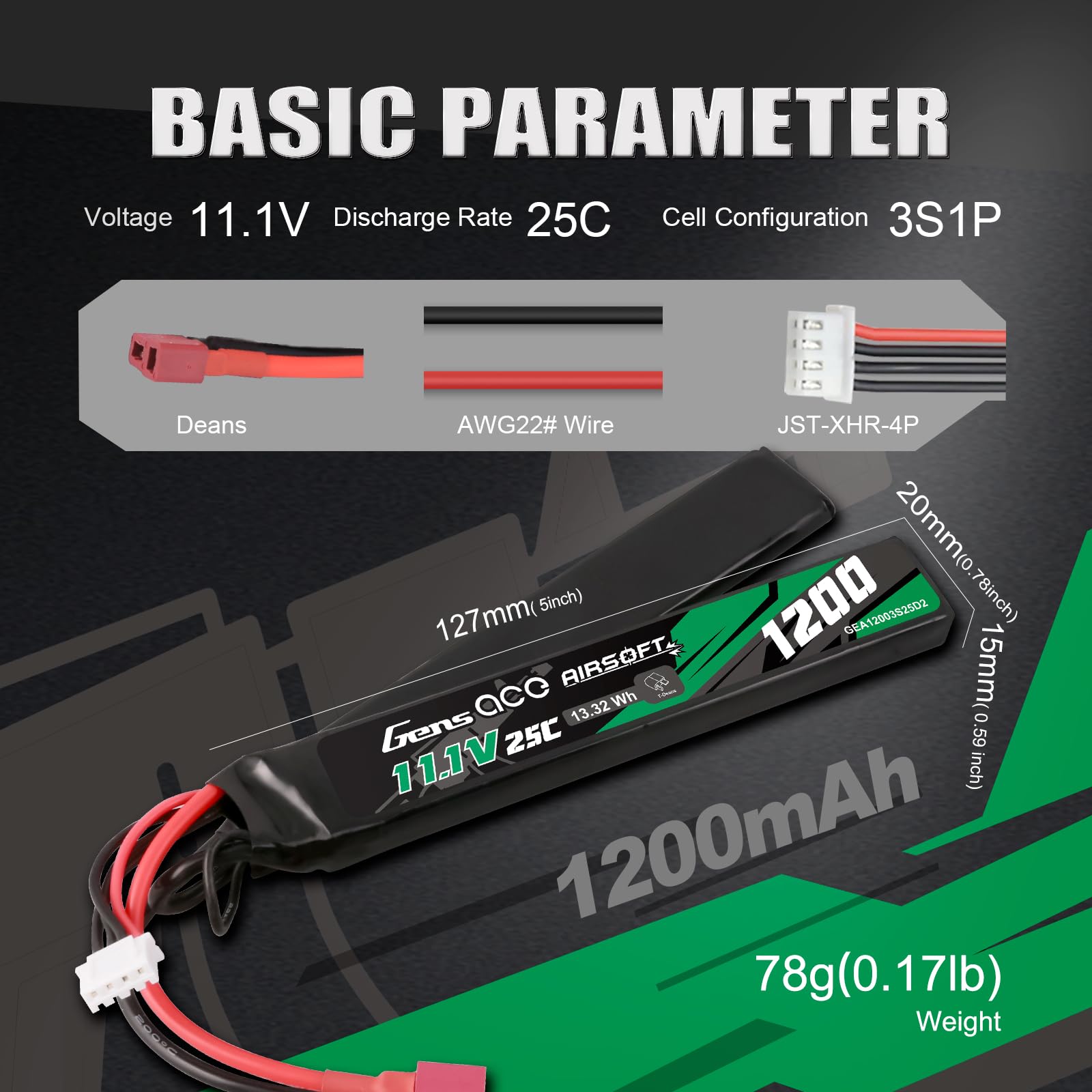 Gens Ace 3S 11,1 V 1200 mAh 25C akumulator LiPo 2-drożny split z wtyczką T Deans do standardowych replik Airsoft/AEG