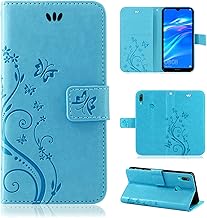 betterfon Hülle Kompatibel mit Huawei Y7 (2019) | Premium PU Leder Handyhülle Wallet Case für Y7 (2019) | Schutzhülle Blumen Klapphülle Handyhülle | Blau