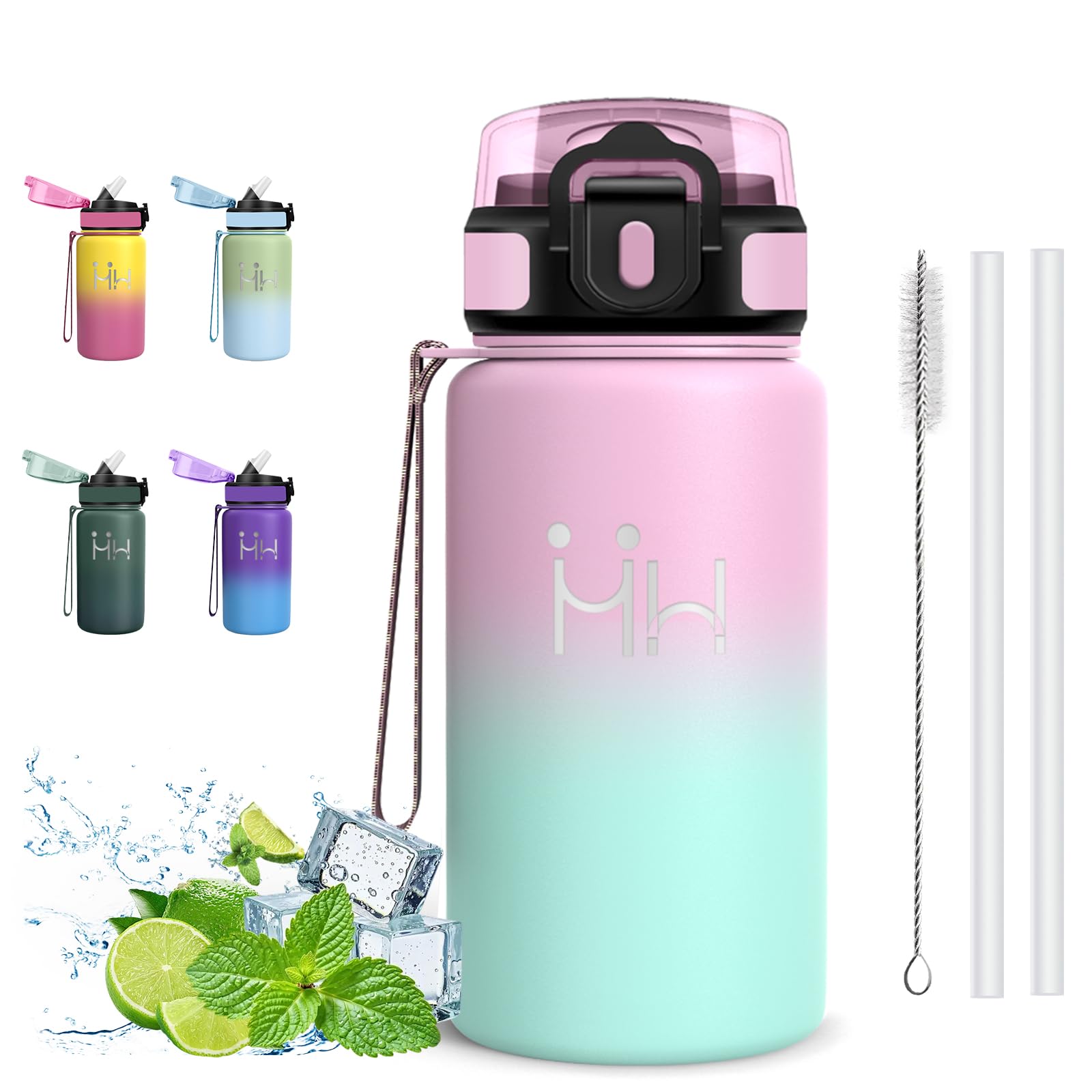 Mujigaga Thermal Water Bottle - 500ml - Kids Water Bottle, BPA Free, Water Bottles with Straw, Vacuum Insulation, Drinking Bottles with Straw Brush, for Office, Swimming, School, Picnic