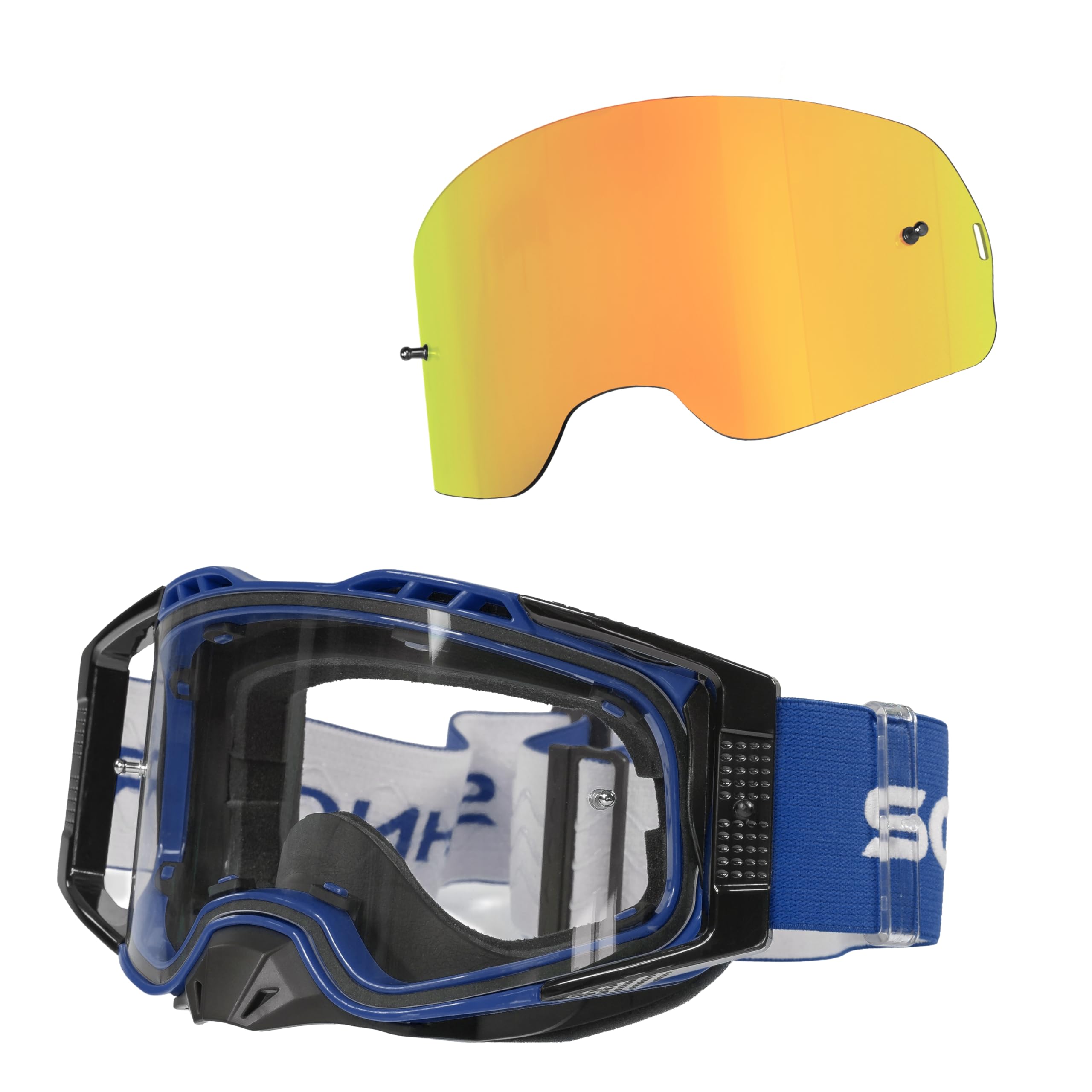 SCHNORR MX Pro Blau - Motocross Brille | Transparentes Glas (S0), Anti-Fog, Tear-Off/Roll-Off mit Wechselglass verspiegelt Orange