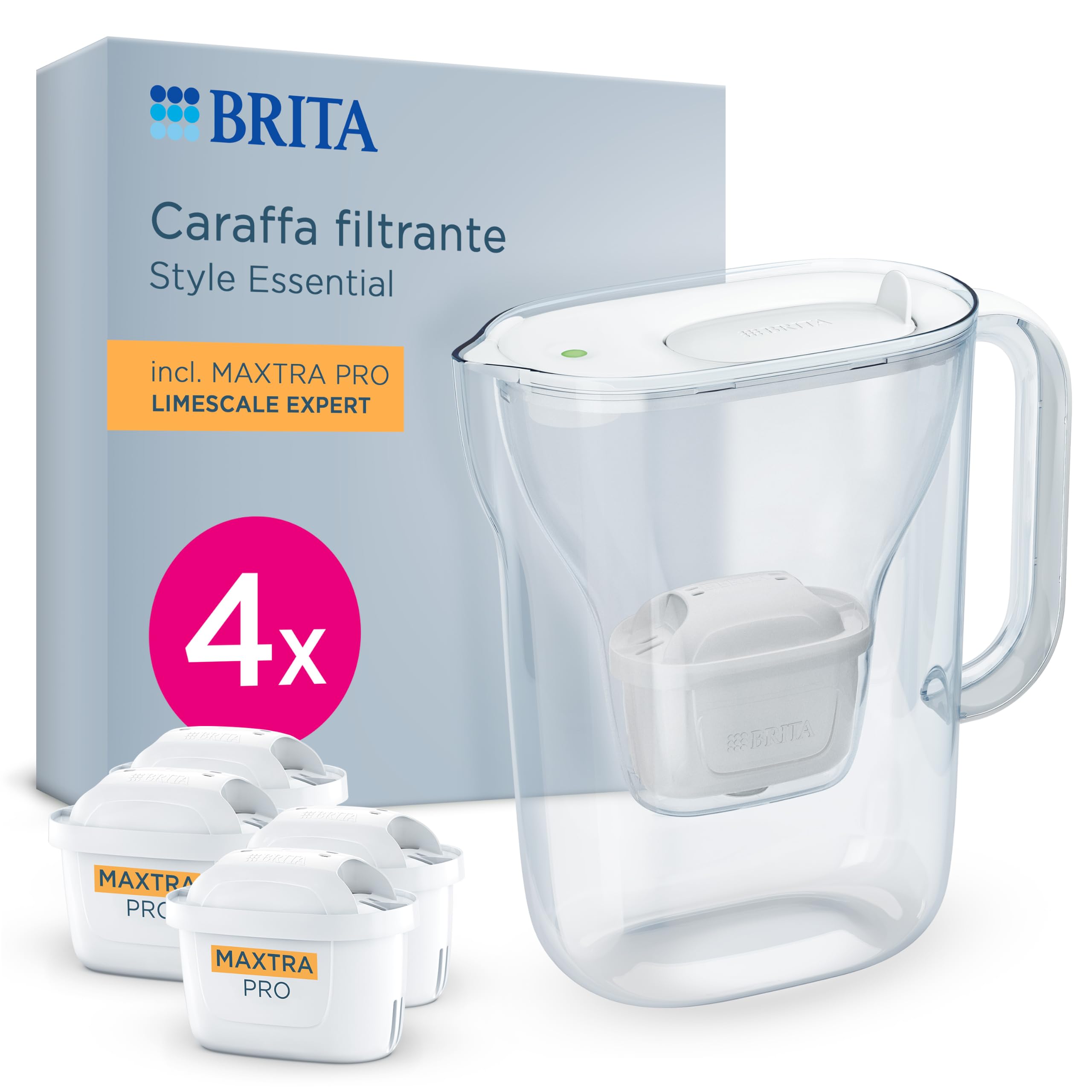 BRITA Caraffa filtrante Style Essential Blanca (2.4L) incl. 4x MAXTRA PRO Expert in calce | compatibile con la porta del frigorifero, con indicatore LED, filtra calce, metalli e molto altro ancora