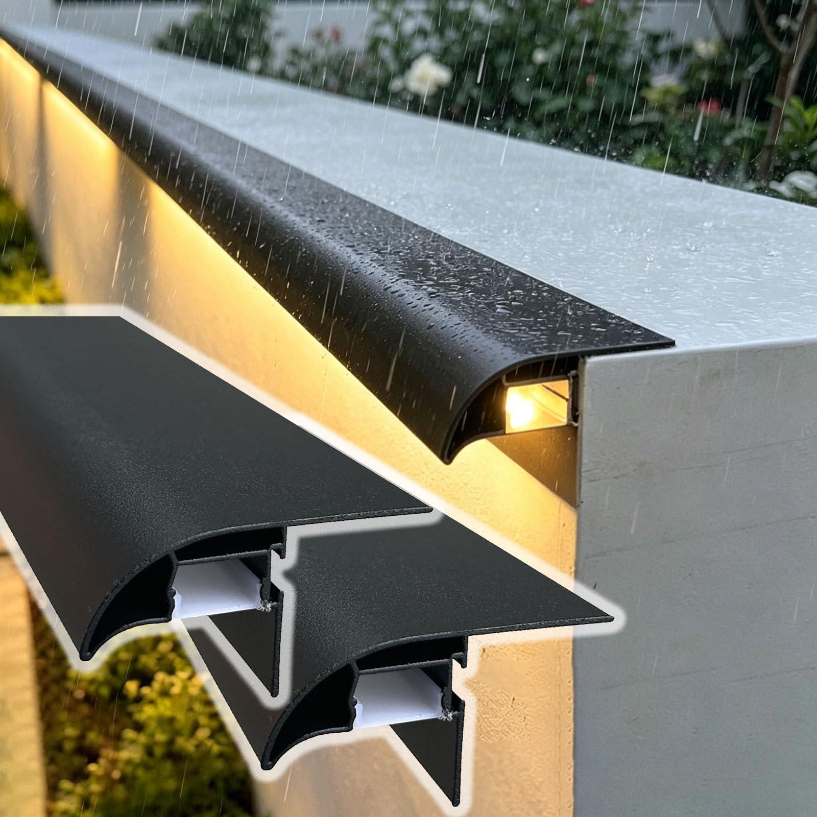 Borde goteo Perfil aluminio canal goterón 2PCS, remate drenaje agua techo con ranura luz, perfil impermeable alféizar ventana y balcón, cinta flashing exterior(Black)