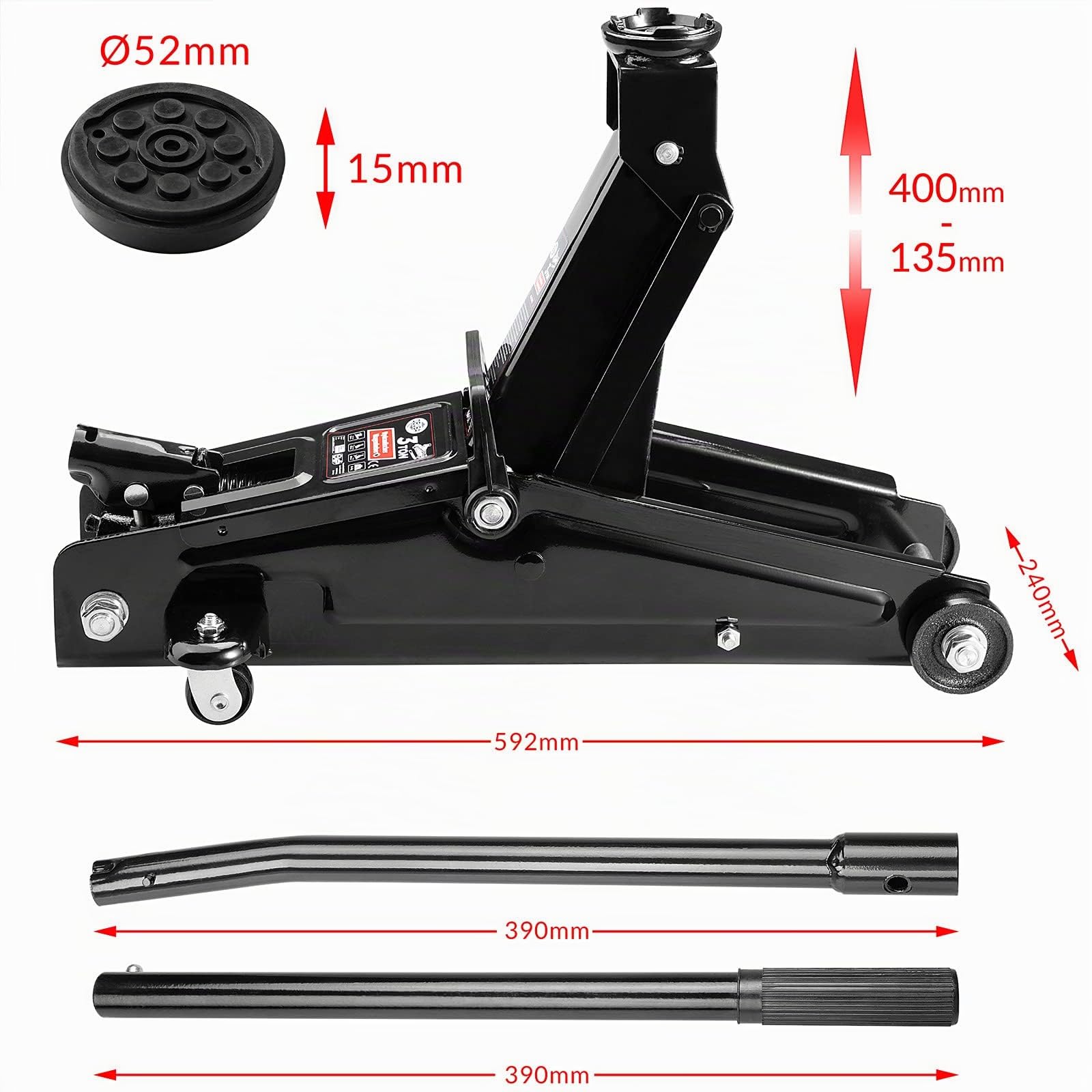 DEUBA® Gato Hidráulico para Coches 3T Altura de Elevación 135-400mm con Almohadilla de Goma Ruedas Giratorias