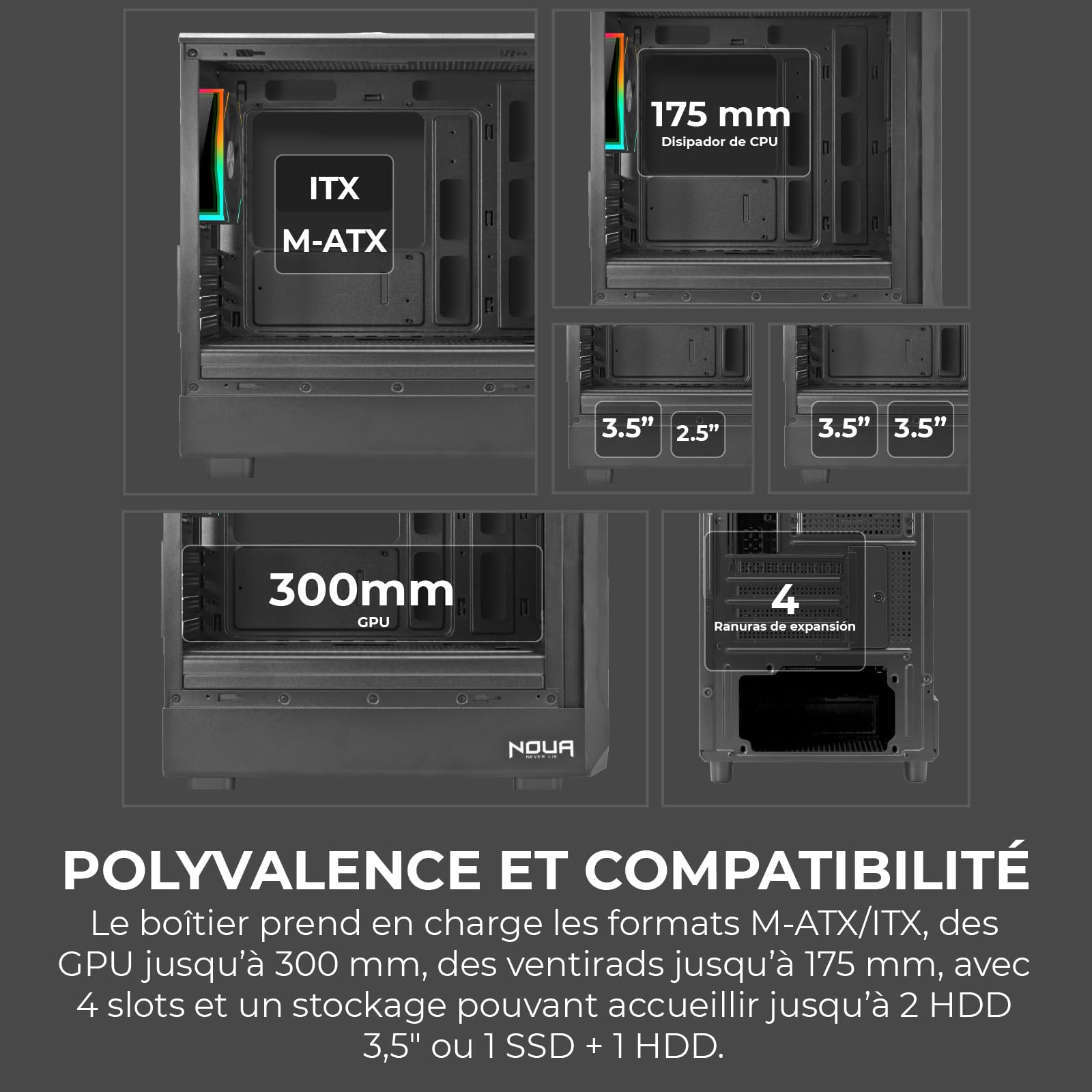 Noua | Case Gaming MicroATX LK100 | Noir, Panneau Avant Mesh, latéral en Verre trempé | Ventilateur ARGB 120 mm, Support de Refroidissement Liquide, Ports USB 3.0 | Compatibilité Mini-ITX