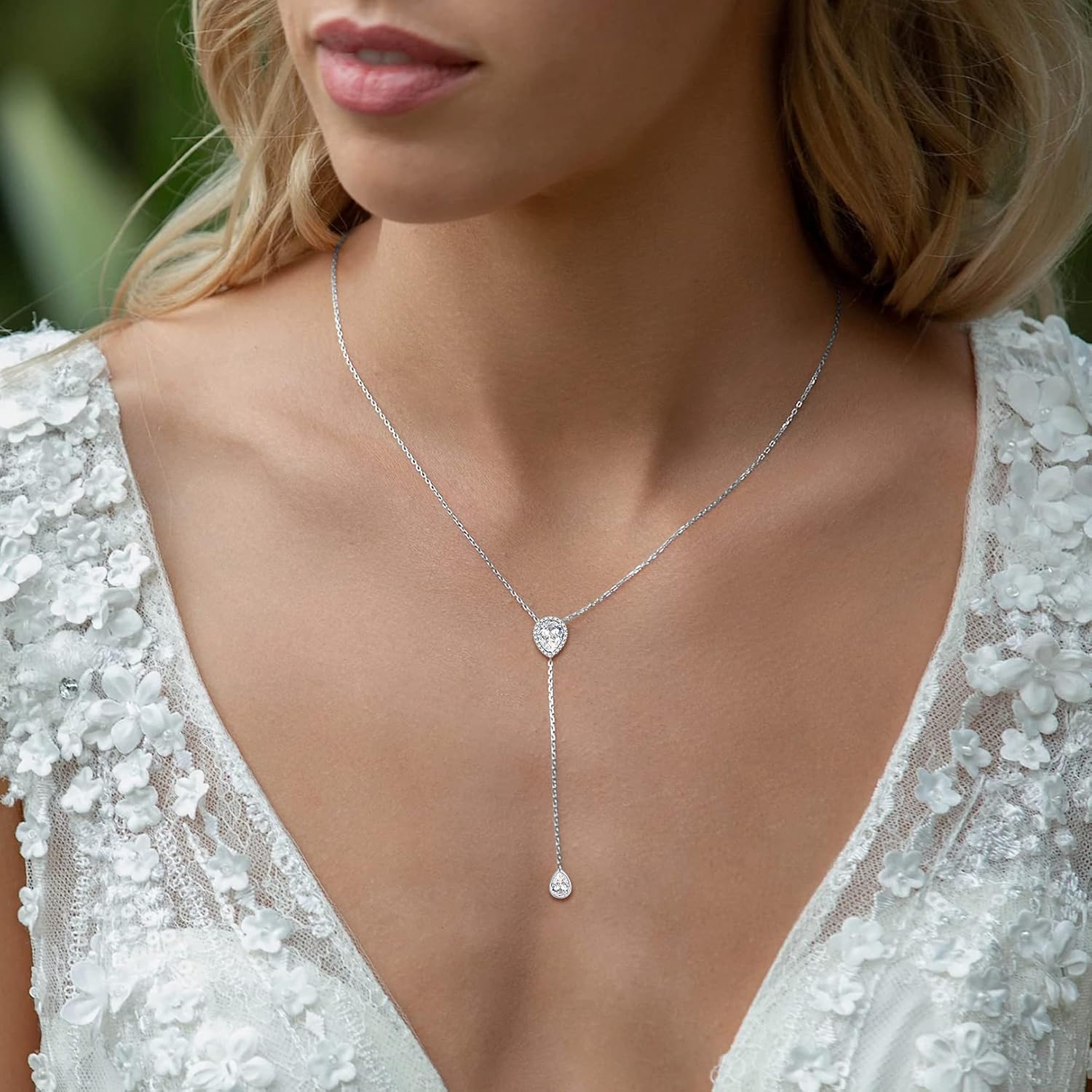 FOCALOOK 925 Sterling Silver Birthstone Long Pendant Necklace 16"-18" Y Drop Adjustable CZ Teardrop Lariat Necklaces for Women Mom Birthday Jewelry - Image 8