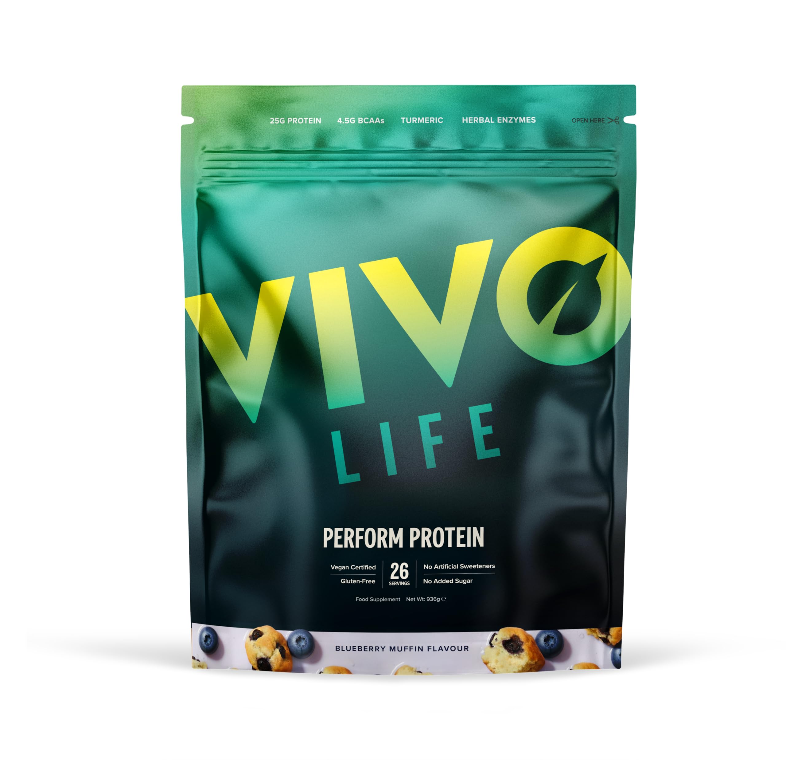 Vivo life Perform Plant Protein Powder | 25g Protein with BCAAs, Iron, Zinc, Turmeric & Herbal Enzyme Blend | Lactose Free & Easy to Digest, Plant-Based Nutrition | Blueberry Muffin - 26 Servings