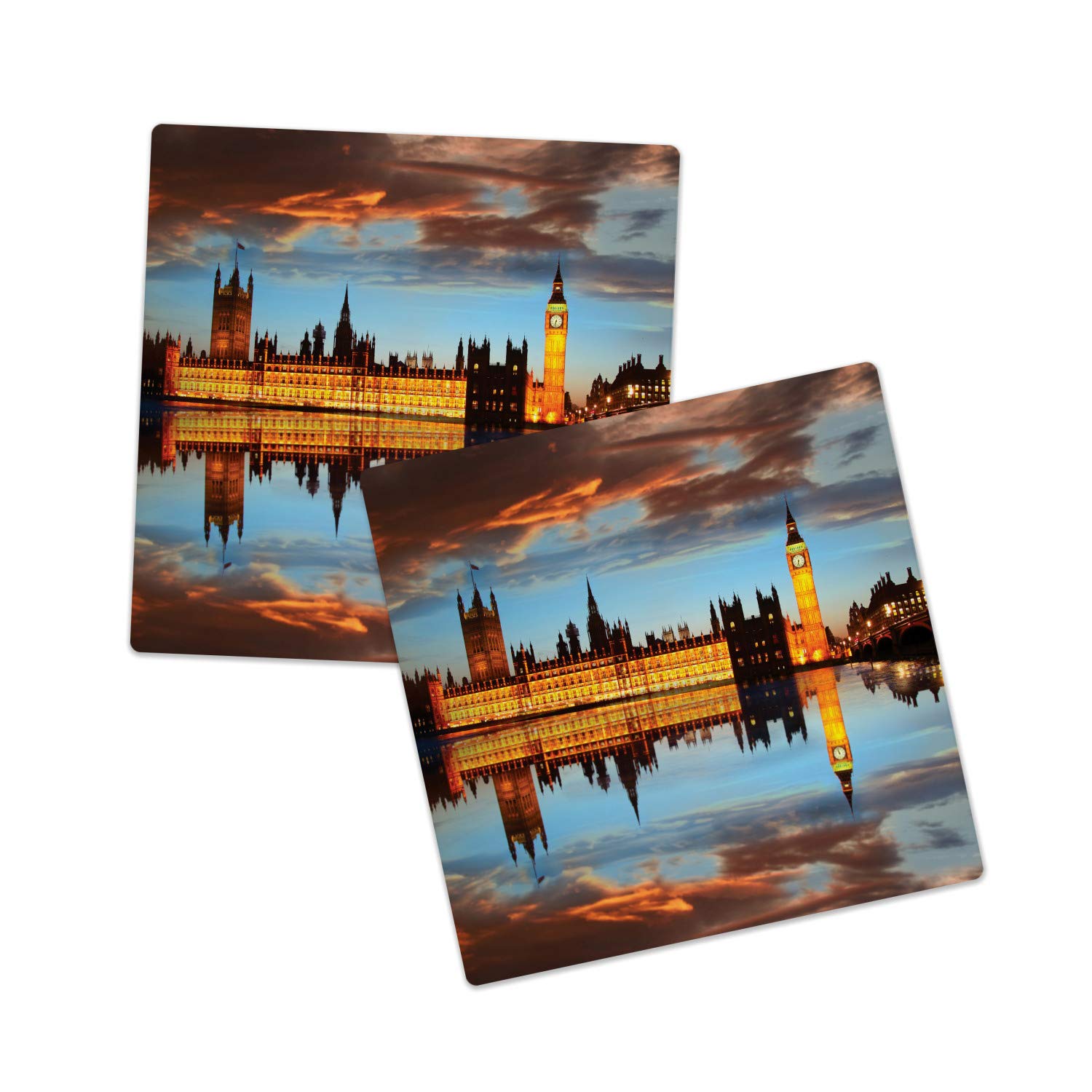 Lunarable London Sandstone Coaster Set of 2, Splendent Scene of Big Ben Westminster Cloudy Night Thames River Image, Absorbant Square Coasters for Drinks Mug Cups, 4.25", Warm Taupe Orange Yellow