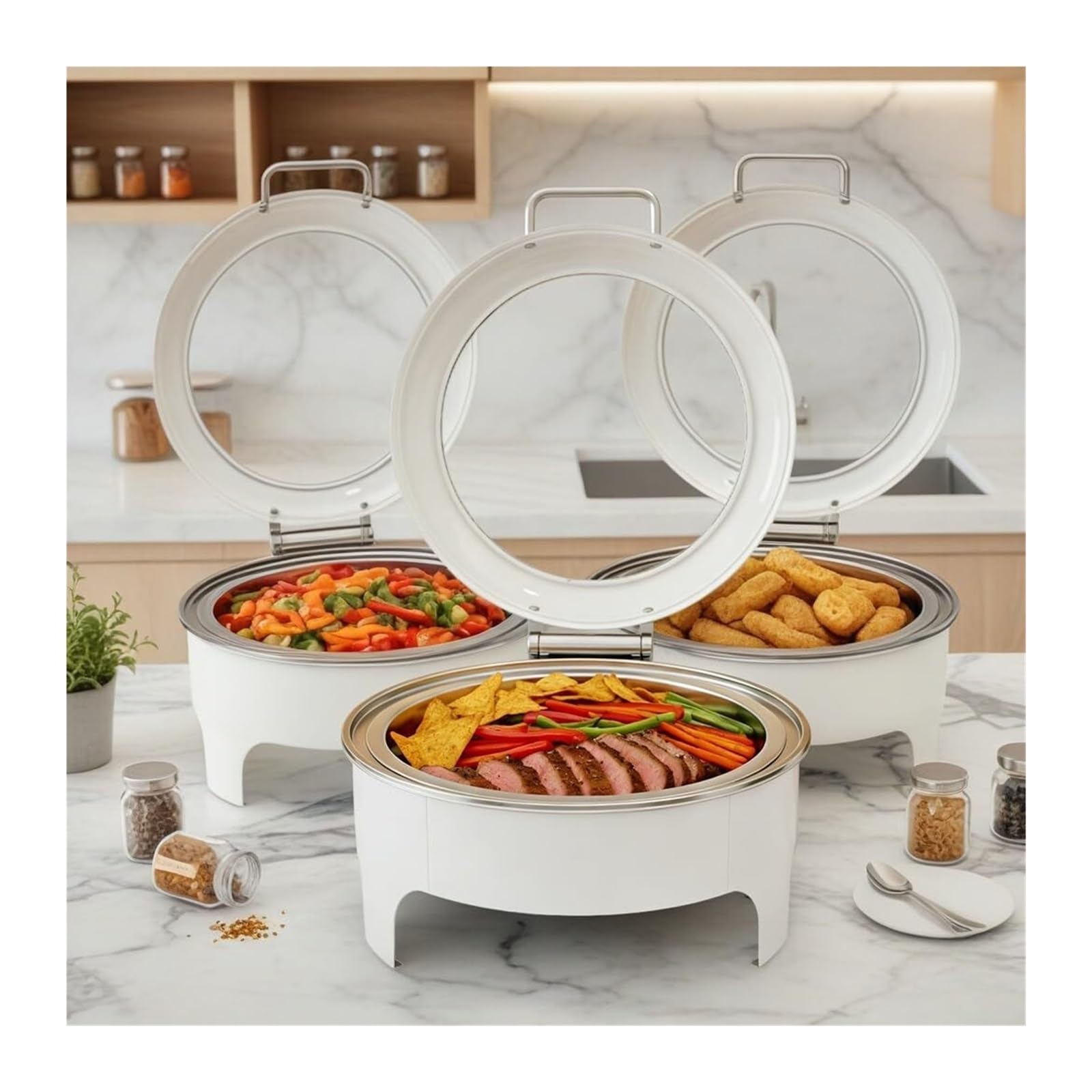 Platos calentadores for visualización de buffet con tapa de cristal