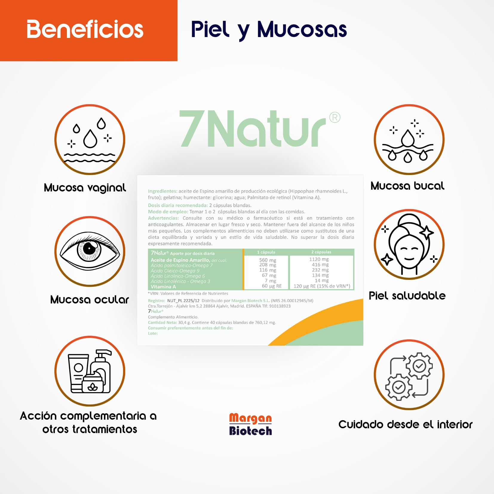 7Natur® de Margan Bioetch, 120 cápsulas | Omega 7 + Omega 6 + Omega 9 + Vitamina A | Aceite de Espino Amarillo (Hippophae Rhamnoides L., Fruto) | Alta Concentración de Omega 7