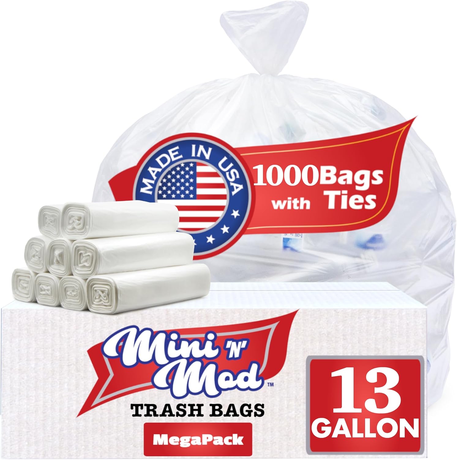 Clear 13 Gallon Trash Bags – Bulk 1000 Count – Tall Kitchen Garbage Bags – 13 Gal Unscented Plastic Can Liners for Bathroom, Office, Janitorial, Commercial, Industrial, Municipal – Drawstring-Free