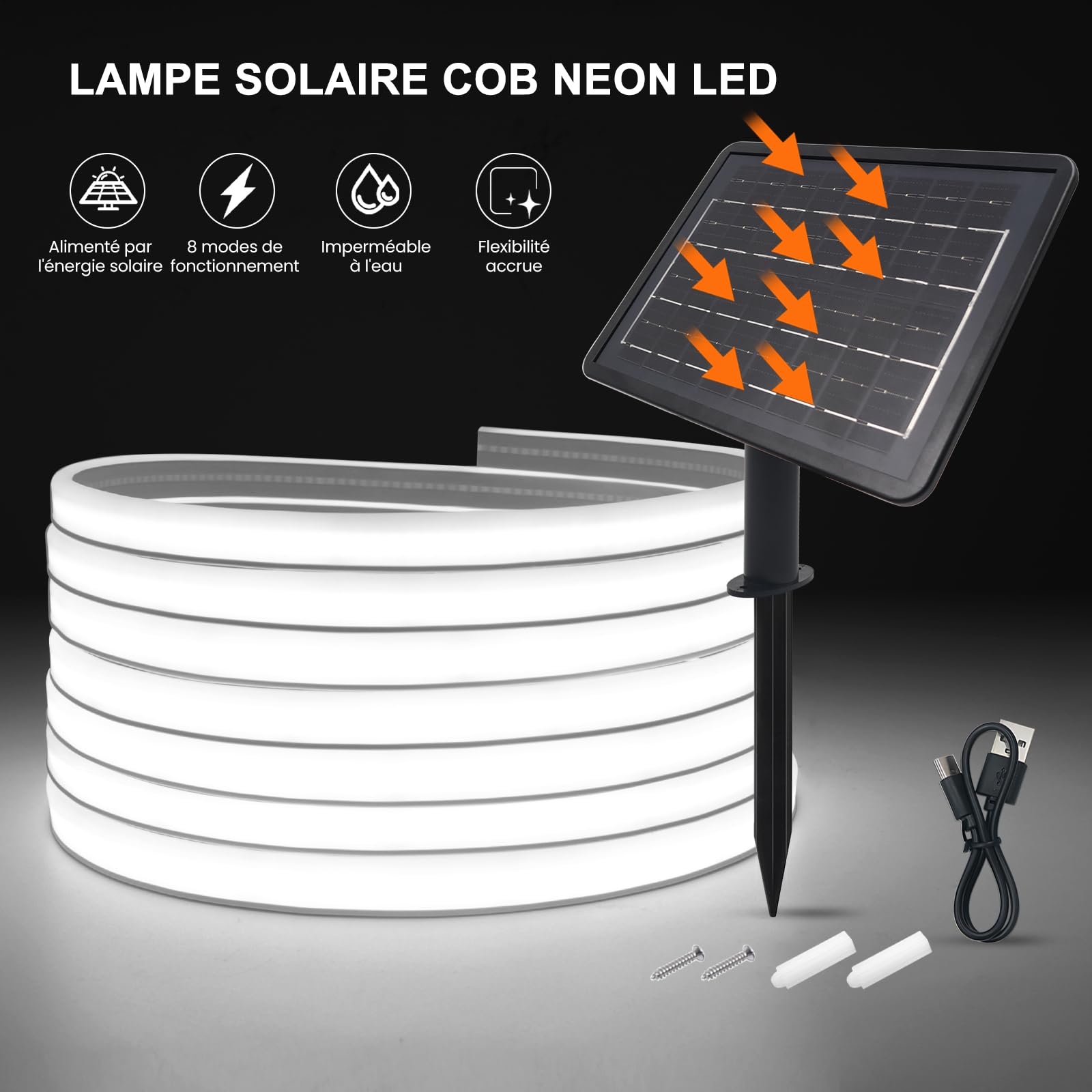 Bandes Led Solaires 24V Pour Extérieur, Haute Luminosité Néon Avec 320 Led/m, 8 Modes, Étanche, Batterie 7200mah, Parfait Pour Jardin, Cour Et Balcon (Blanc (6000-6500K), 6M)